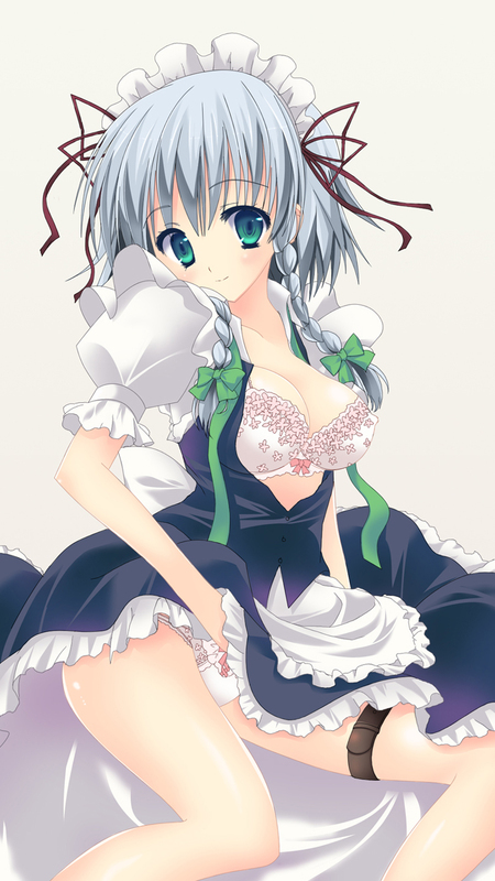 tsukiji, izayoi sakuya, touhou, silver hair, bad id, bad pixiv id, 1girl, bra, braid, breasts, cleavage, female focus, lingerie, panties, short hair, solo, thigh strap, twin braids, underwear, white bra, white panties