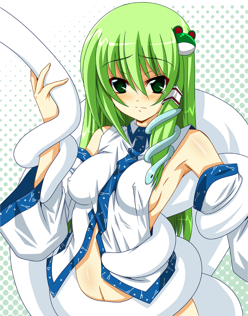 fumihiro, kochiya sanae, touhou, 1girl, armpits, blush, breasts, covered erect nipples, detached sleeves, female focus, frog, green eyes, green hair, long hair, matching hair/eyes, no bra, sideboob, snake, solo, tears, tentacles