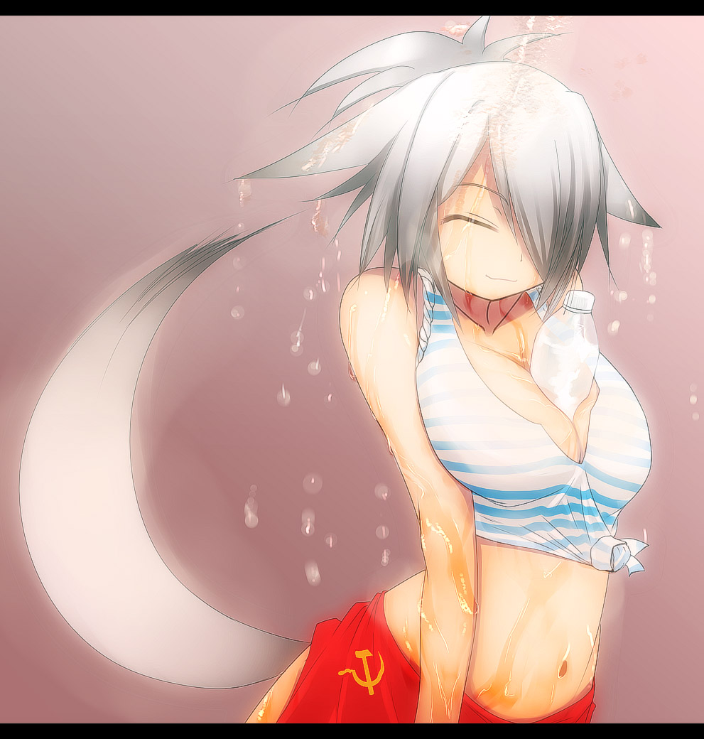 onibi (foxhound4185), original, 1girl, animal ears, between breasts, borrowed character, bottle, breasts, female focus, front-tie top, hammer and sickle, large breasts, letterboxed, midriff, shirt, solo, soviet, striped clothes, striped shirt, tail, telnyashka, tied shirt, wet, white hair