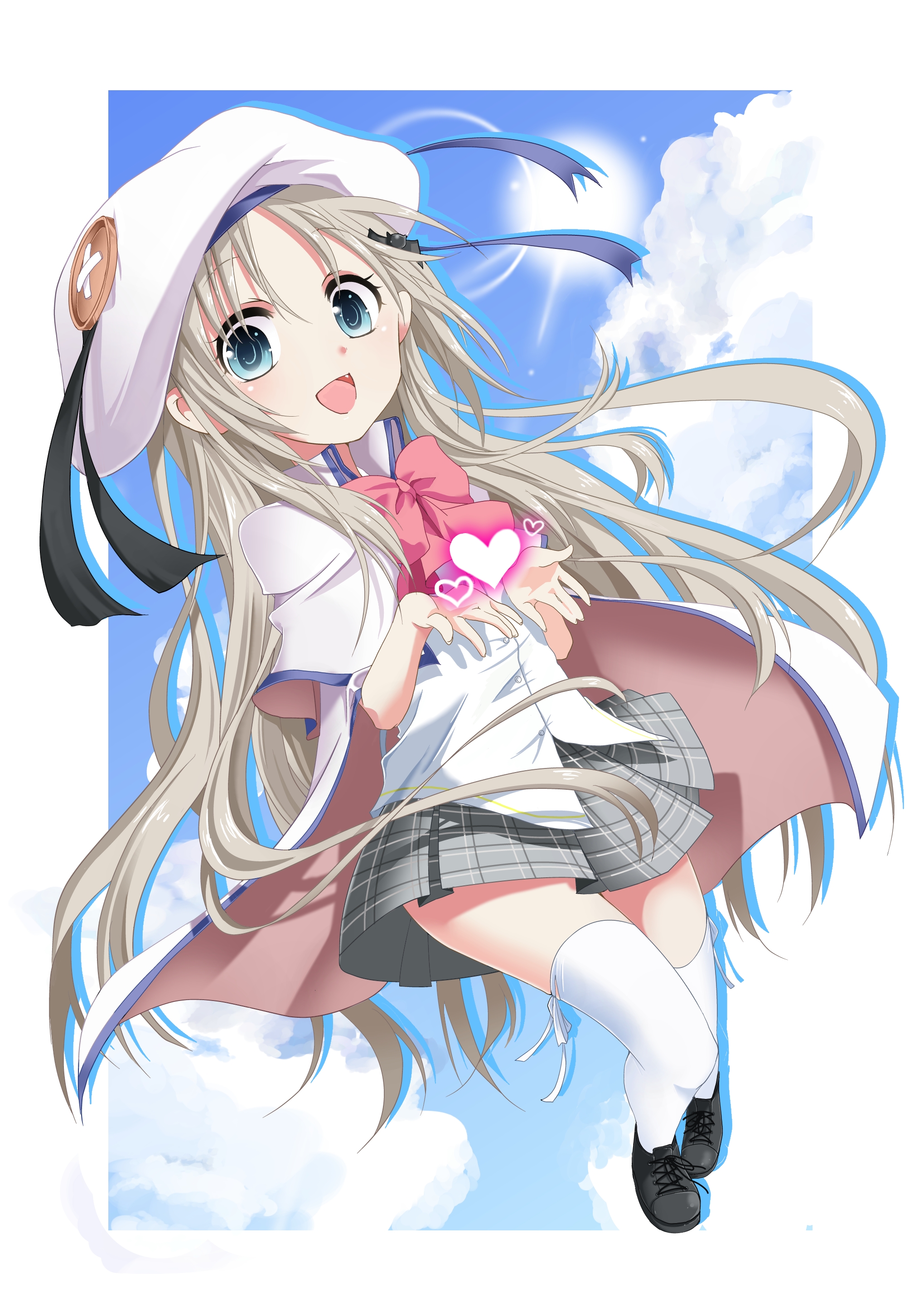 hiiro (kikokico), kiko, noumi kudryavka, little busters!, plaid, absurdres, bad id, bad pixiv id, highres, 1girl, blue eyes, bow, fang, female focus, hat, heart, open mouth, pink bow, skirt, solo, thighhighs, zettai ryouiki