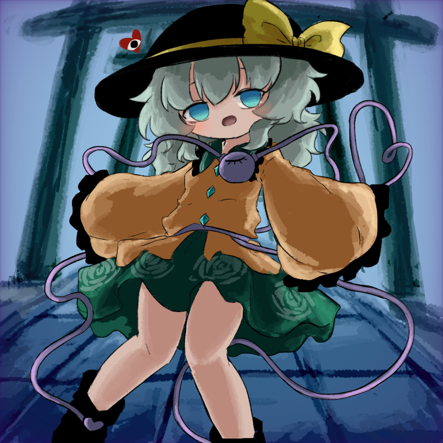 heripantomorrow, komeiji koishi, touhou, commentary request, 1girl, aqua eyes, black hat, black shoes, contrast collar, green hair, green skirt, hair between eyes, hat, hat ribbon, long hair, multiple torii, open mouth, ribbon, shirt, shoes, skirt, solo, third eye, torii, wide sleeves, yellow ribbon, yellow shirt