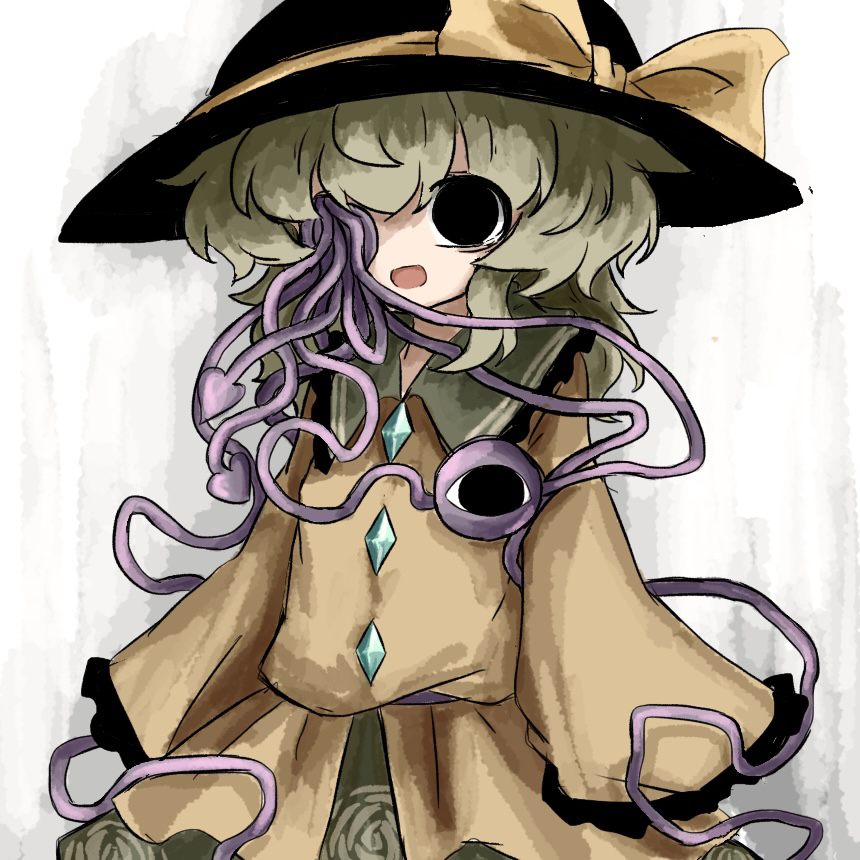 heripantomorrow, komeiji koishi, touhou, commentary request, 1girl, black eyes, black hat, contrast collar, green hair, green skirt, hair between eyes, hat, hat ribbon, long hair, looking at viewer, open mouth, ribbon, shirt, skirt, solo, third eye, white background, yellow ribbon, yellow shirt