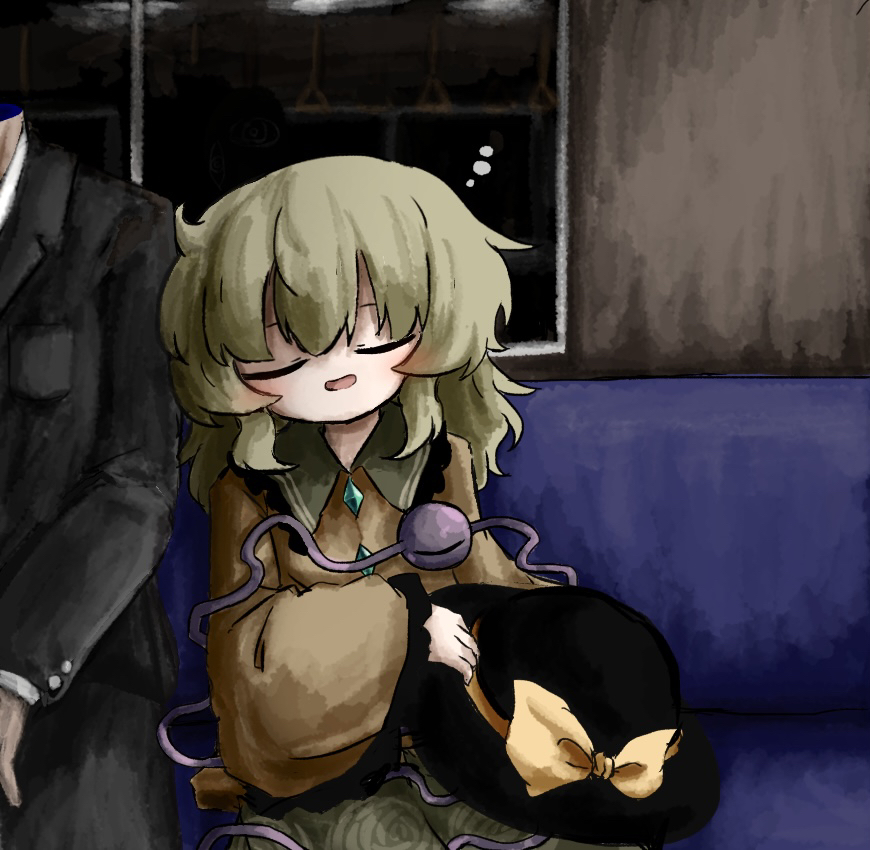 heripantomorrow, komeiji koishi, touhou, commentary request, 1boy, 1girl, black hat, black jacket, black pants, closed eyes, contrast collar, green hair, green skirt, hair between eyes, hat, hat ribbon, headless, holding, holding unworn clothes, holding unworn hat, jacket, medium hair, pants, parted lips, ribbon, shirt, skirt, sleeping, smile, solo focus, third eye, train interior, unworn hat, unworn headwear, yellow ribbon, yellow shirt