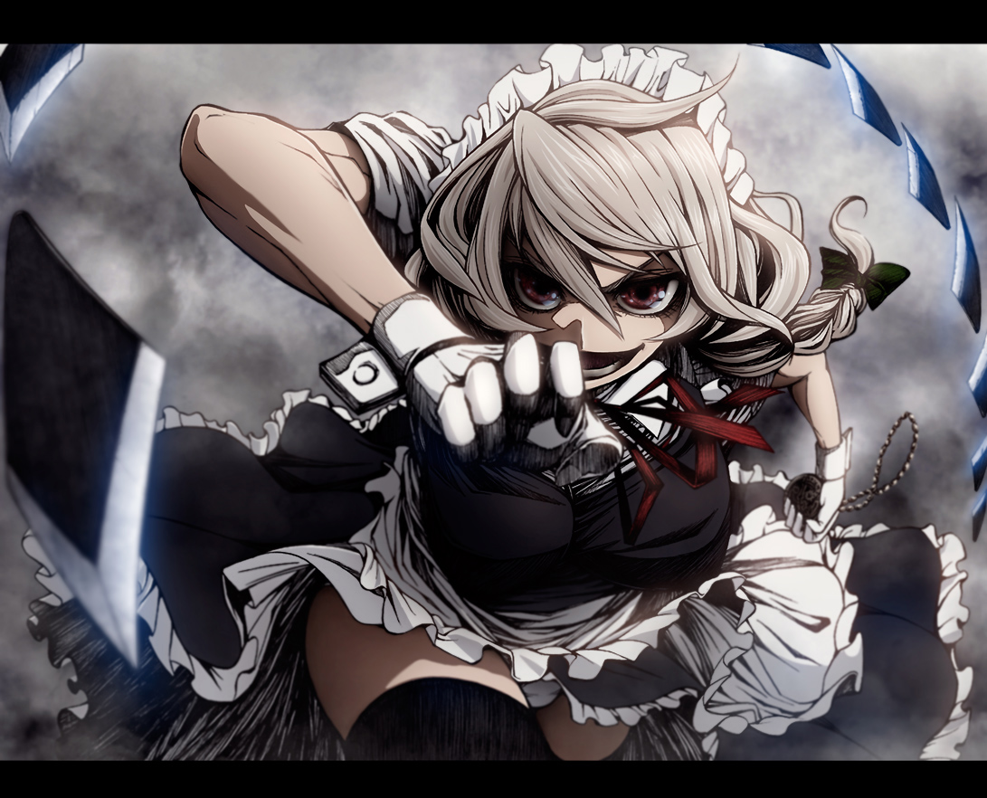 imizu (nitro unknown), uousa-ou, izayoi sakuya, embodiment of scarlet devil, touhou, silver hair, bad id, bad pixiv id, colorized, 1girl, braid, female focus, knife, letterboxed, maid, panties, pantyshot, red eyes, short hair, solo, thighhighs, throwing knife, underwear, weapon, zettai ryouiki