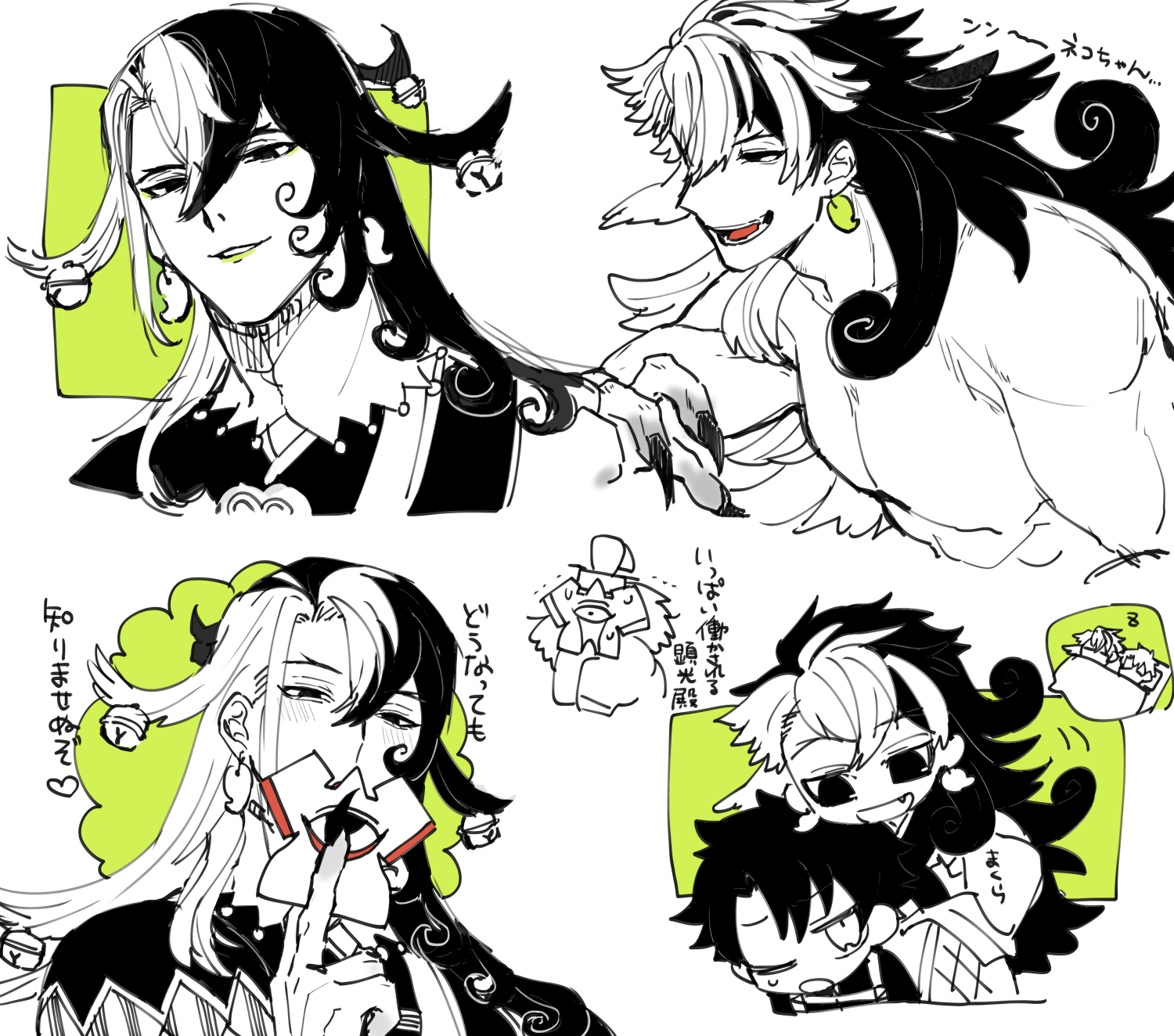 yuu (areruya), ashiya douman (fate), ashiya douman (second ascension) (fate), fate/grand order, fate (series), commentary request, highres, 2boys, bell, black hair, earrings, fingernails, hair bell, hair ornament, jewelry, long hair, male focus, multicolored hair, multiple boys, sharp fingernails, split-color hair, two-tone hair, very long hair