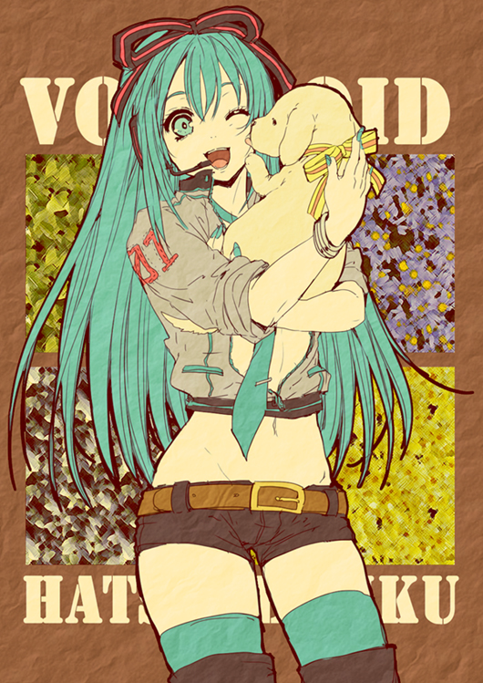 kl (dgzonbi), hatsune miku, vocaloid, 1girl, aqua eyes, aqua hair, belt, boots, bow, dog, female focus, hair bow, hair ribbon, headphones, headset, holding, licking, long hair, midriff, navel, ribbon, short shorts, shorts, smile, solo, thigh boots, thighhighs, wince