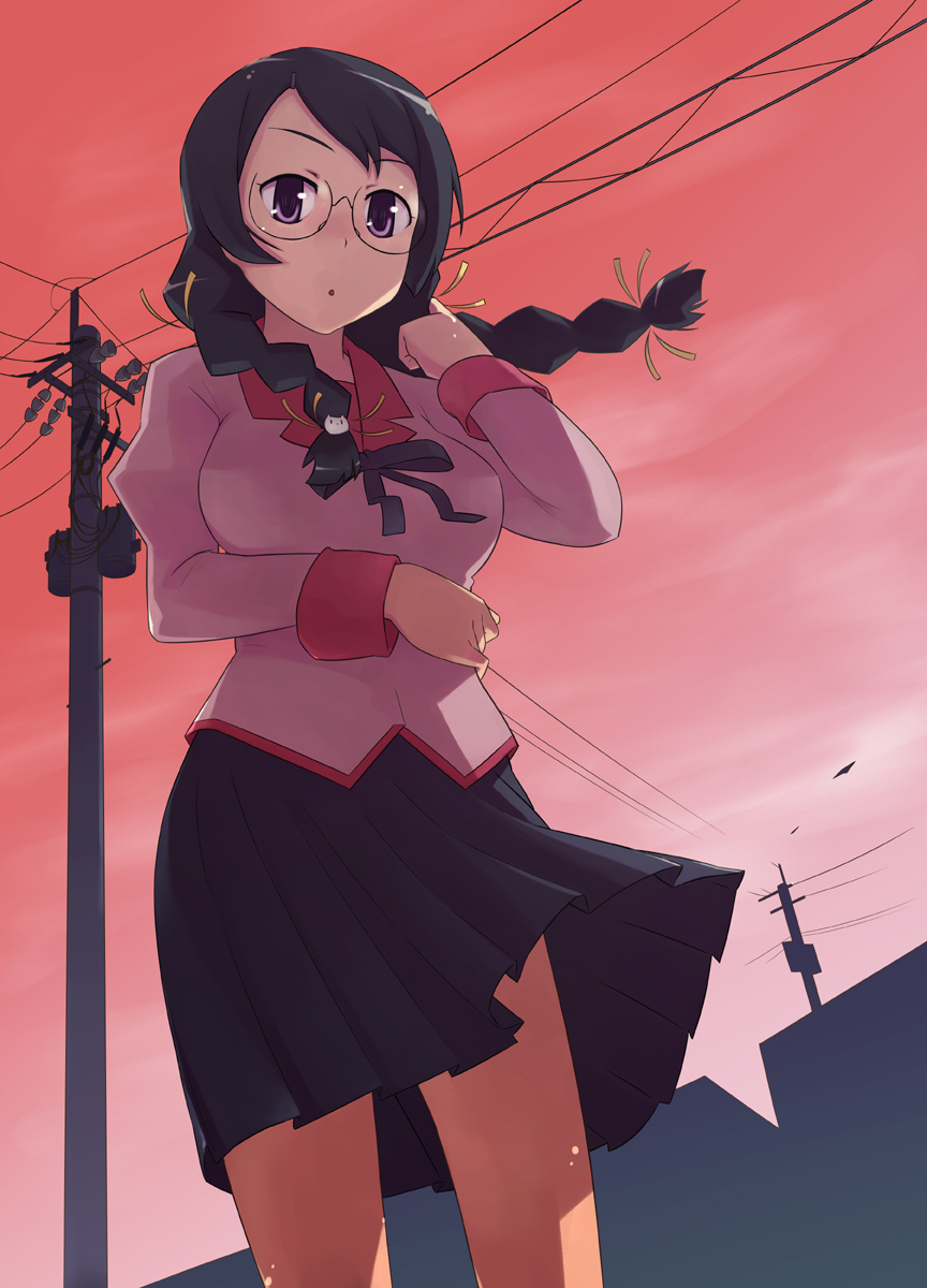 hanekawa tsubasa, bakemonogatari, monogatari (series), nekomonogatari, bad id, bad pixiv id, highres, 10s, 1girl, :o, black hair, braid, breasts, female focus, hair ornament, hair ribbon, juliet sleeves, large breasts, long sleeves, pleated skirt, power lines, puffy sleeves, purple eyes, red sky, red theme, ribbon, school uniform, skirt, sky, solo, sunset, twin braids, utility pole