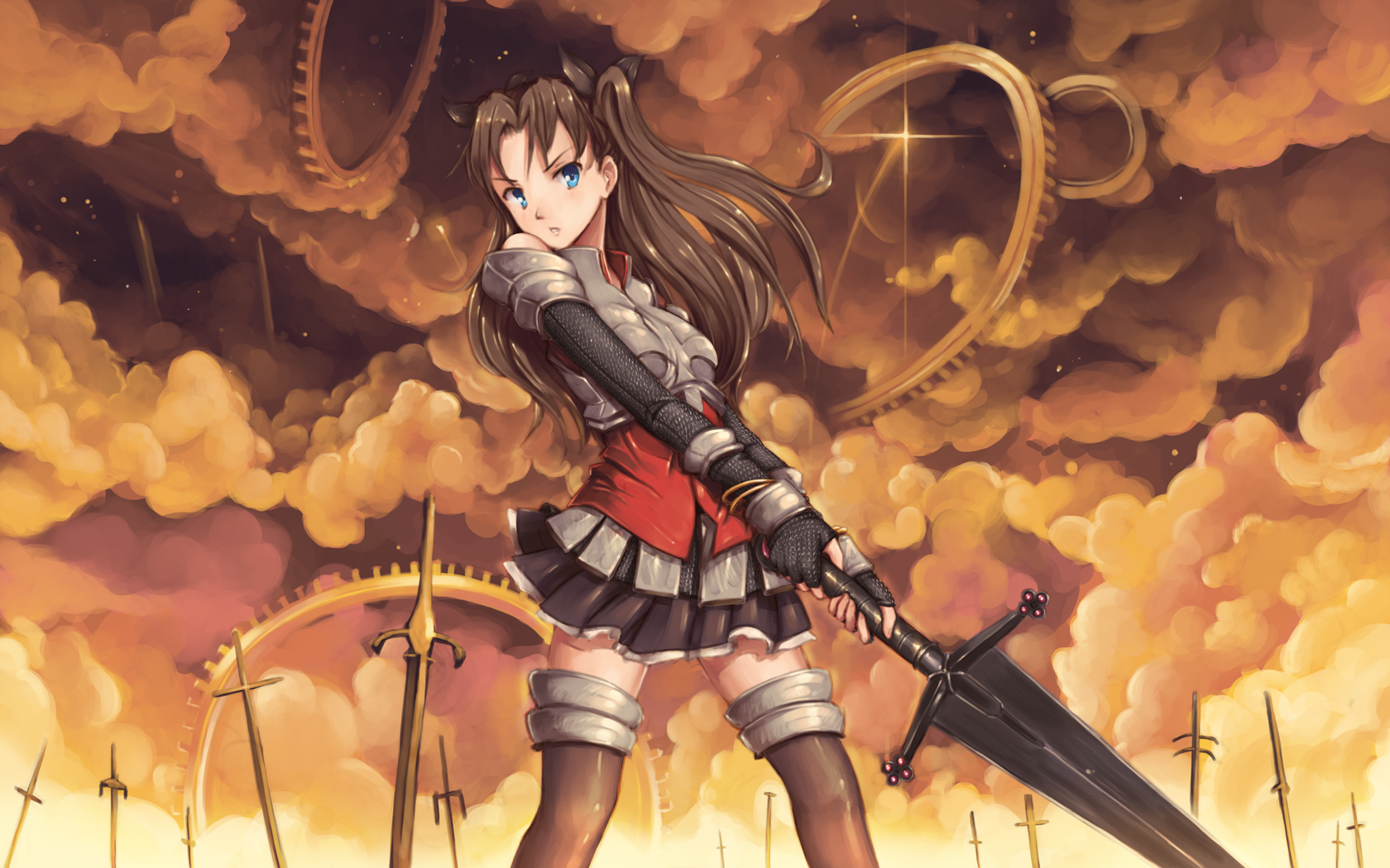 softmode, tohsaka rin, fate/stay night, fate (series), bad id, bad pixiv id, highres, 1girl, armor, bangle, black thighhighs, blue eyes, bracelet, brown hair, chainmail, claymore (sword), female focus, fingerless gloves, gears, gloves, jewelry, pleated skirt, skirt, solo, sword, thighhighs, twintails, two side up, unlimited blade works (reality marble), weapon, zettai ryouiki