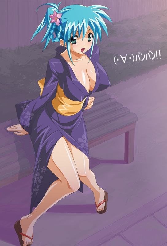 kureha misaki, divergence eve, artist request, 00s, :d, blue eyes, blue hair, breasts, cleavage, covered erect nipples, from above, huge breasts, japanese clothes, kimono, legs, looking at viewer, open mouth, sandals, sitting, smile, thighs