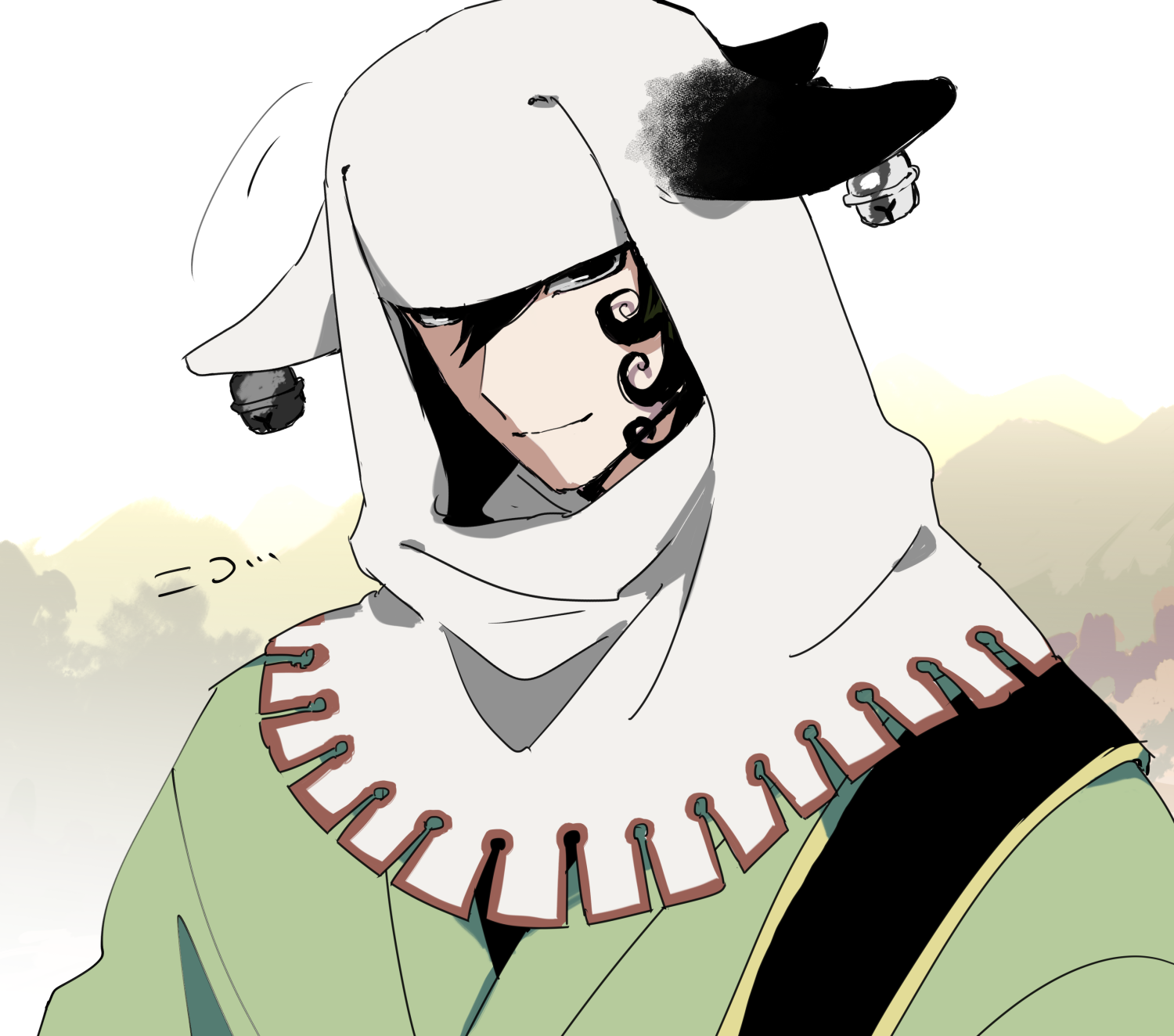 yuu (areruya), ashiya douman (fate), fate/grand order, fate (series), commentary request, highres, 1boy, bell, black hair, earrings, fingernails, hair bell, hair ornament, jewelry, long hair, male focus, multicolored hair, sharp fingernails, solo, split-color hair, two-tone hair, white coif