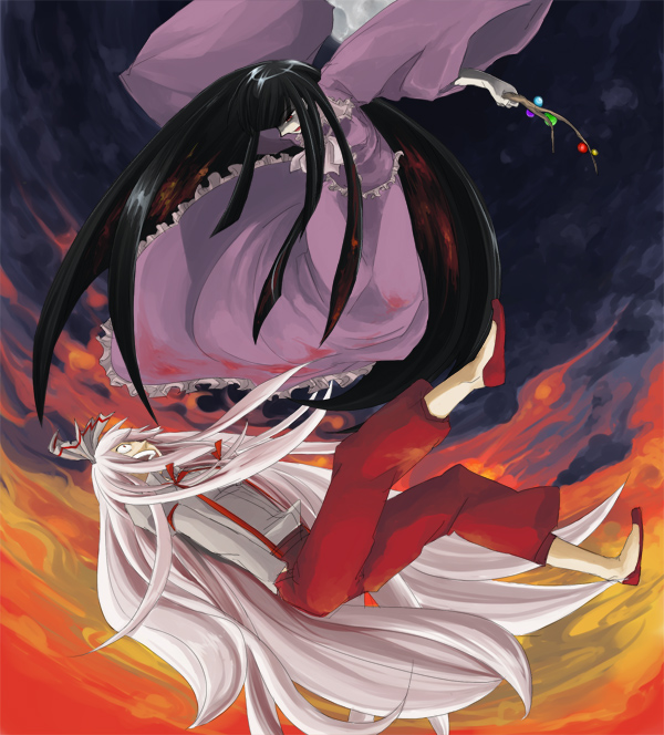 junichi, fujiwara no mokou, houraisan kaguya, touhou, bad id, bad pixiv id, 2girls, branch, crazy, female focus, fire, hand in pocket, jeweled branch of hourai, long hair, multiple girls