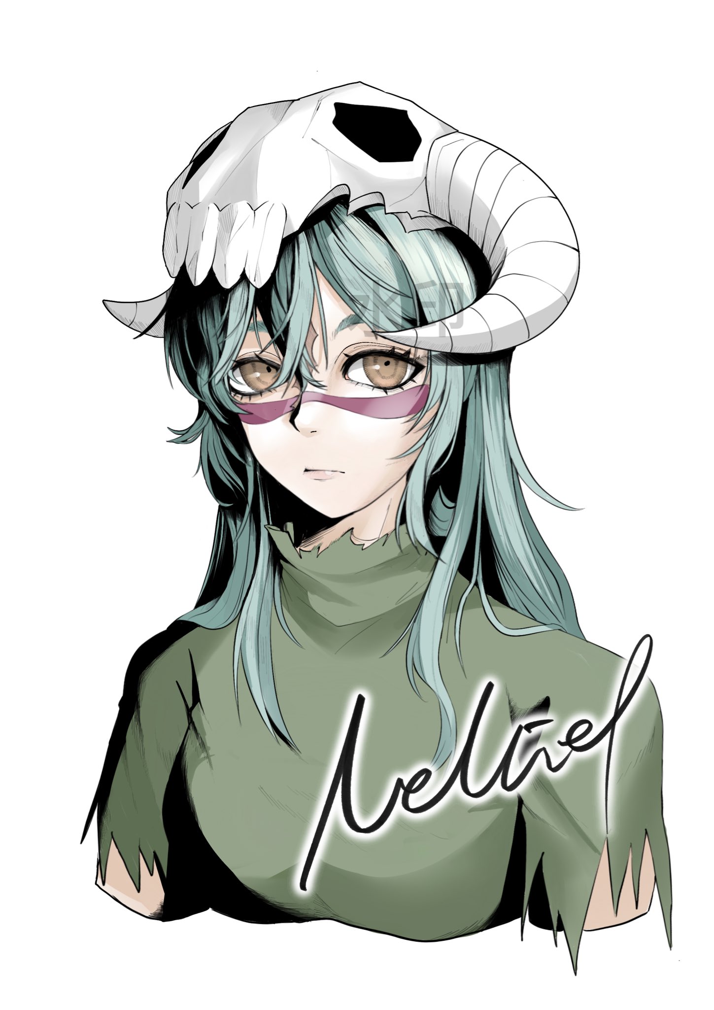 jellyfish irene, nelliel tu odelschwanck, bleach, 1girl, breasts, character name, closed mouth, espada, facial mark, female focus, green hair, hollow mask, long hair, mask, mask on head, scar, scar on face, simple background, skull on head, torn clothes, upper body, white background