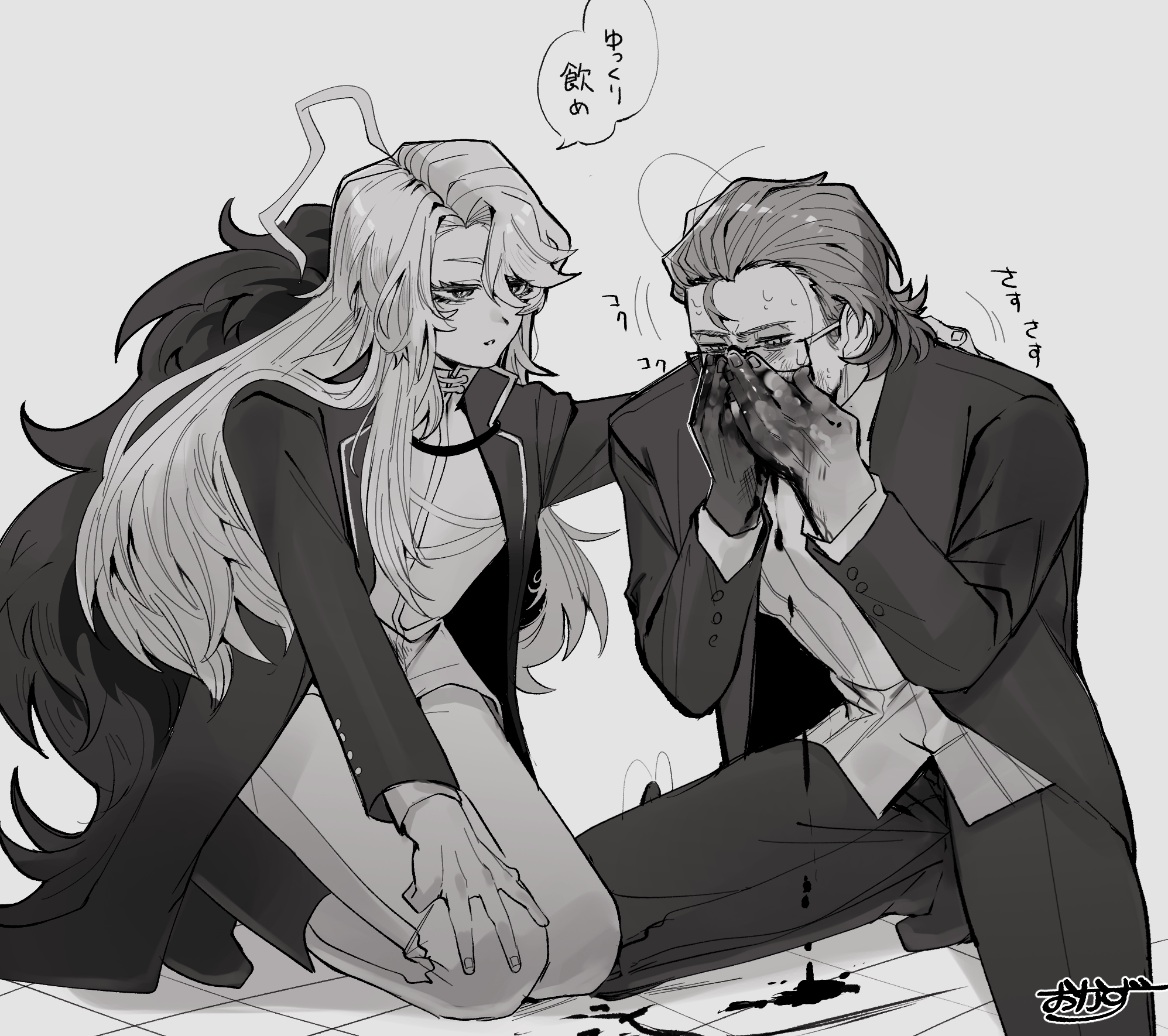 don quixote (project moon), gregor (project moon), limbus company, project moon, absurdres, highres, 1boy, 1girl, ahoge, alternate costume, bags under eyes, beard stubble, bleeding, blood, blood drip, blood on clothes, blood on face, blood on hands, blood splatter, boots, bug, coat, cockroach, collared shirt, colored extremities, colored skin, facial hair, feather boa, fingernails, forehead, formal clothes, from side, full body, glasses, grey background, greyscale, hair between eyes, hair slicked back, half-closed eyes, hand on another's shoulder, hands on own face, hands up, high collar, insect, jacket, kneeling, la manchaland (identity) (project moon), lapels, long hair, long sleeves, looking at another, looking down, monochrome, nervous sweating, notched lapels, official alternate costume, open clothes, open coat, open mouth, pants, parted bangs, parted lips, ponytail, ribbed shirt, seiza, shirt, short hair, sideburns, simple background, sitting, speech bubble, stubble, suit, suit jacket, sweat, turtleneck, very long hair, vomiting, vomiting blood, wavy hair