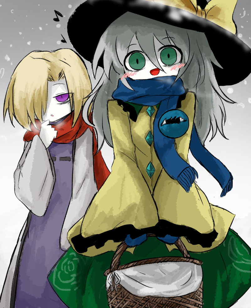 heripantomorrow, komeiji koishi, yakumo yukari, koishi komeiji's heart-throbbing adventure, touhou, commentary request, 2girls, basket, black hat, blue scarf, colored skin, contrast collar, green hair, green skirt, hair between eyes, hat, hat ribbon, holding, holding basket, long hair, multiple girls, musical note, red scarf, ribbon, scarf, shirt, skirt, third eye, white skin, yellow ribbon, yellow shirt