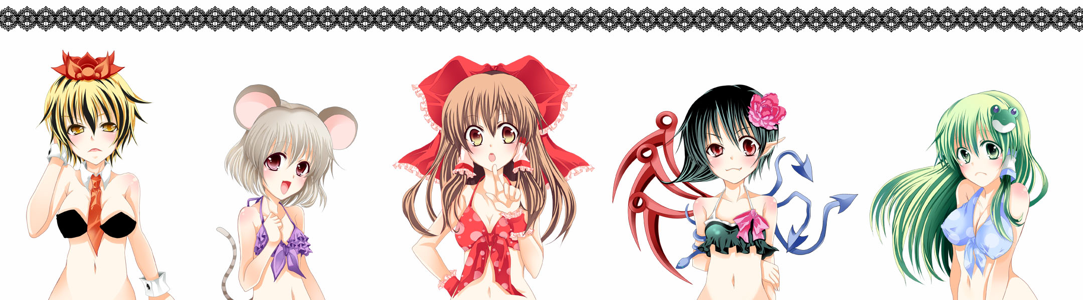 gynoid (pixiv), hoozuki shia, hakurei reimu, houjuu nue, kochiya sanae, nazrin, toramaru shou, touhou, bad id, bad pixiv id, highres, long image, wide image, 5girls, bikini, bikini top only, female focus, multiple girls, swimsuit