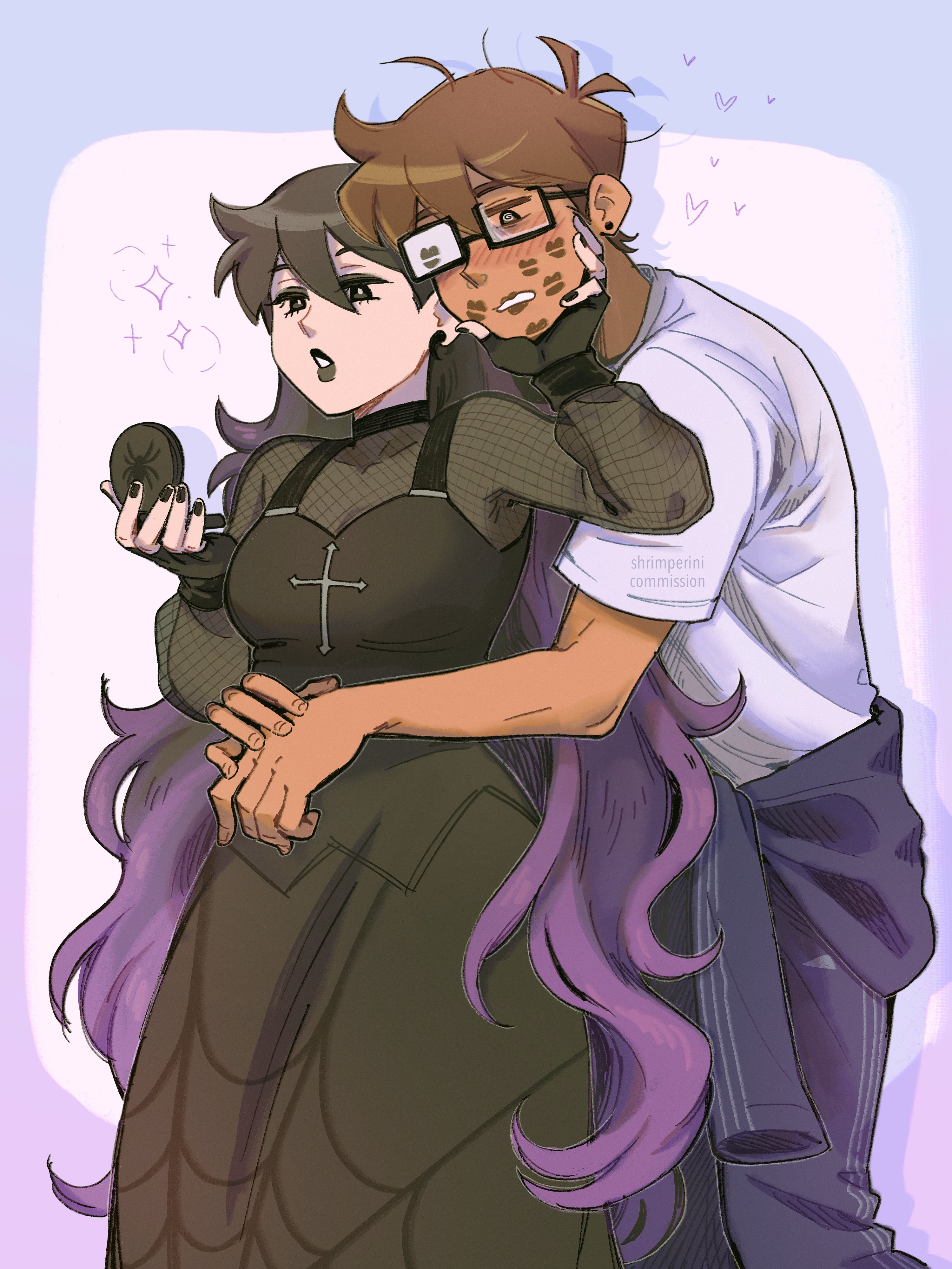 shrimperini, hero (faraway) (omori), hero (omori), mari (faraway) (omori), mari (omori), omori, absurdres, commentary, commission, highres, symbol-only commentary, 1boy, 1girl, @ @, alternate body size, alternate universe, animal print, antenna hair, artist name, bare arms, black dress, black eyes, black eyeshadow, black gloves, black hair, black lips, black nails, black pants, black shirt, blue border, blue jacket, border, breasts, bright pupils, brown eyes, brown hair, clenched teeth, clothes around waist, compact (cosmetics), cosmetics, cowboy shot, dark-skinned male, dark skin, dress, drop shadow, earrings, emori (shrimperini), eyeshadow, fingerless gloves, fingernails, fishnet top, fishnets, gloves, gradient border, gradient hair, hair behind ear, hand on another's chin, hands up, heart, holding, hug, hug from behind, jacket, jacket around waist, jewelry, lipstick mark, lipstick mark on cheek, lipstick mark on face, long hair, long sleeves, looking at object, makeup, messy hair, multicolored hair, nail polish, no sclera, outside border, own hands together, pants, parted lips, pencil dress, plump, puffy long sleeves, puffy sleeves, purple border, purple hair, see-through cleavage, see-through clothes, see-through shirt, shirt, short hair, short sleeves, simple background, sleeveless, sleeveless dress, small breasts, sparkle, spider print, spider web print, standing, stud earrings, t-shirt, teeth, triple vertical stripe, two-tone hair, very long hair, very short hair, white background, white pupils, white shirt