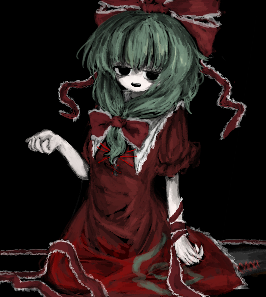 heripantomorrow, kagiyama hina, touhou, commentary request, 1girl, black background, black eyes, bow, bowtie, contrast collar, dress, frilled ribbon, frills, green hair, hair ribbon, hand up, long hair, looking at viewer, open mouth, puffy short sleeves, puffy sleeves, red bow, red dress, red ribbon, ribbon, short sleeves, smile, solo, teeth, upper teeth only