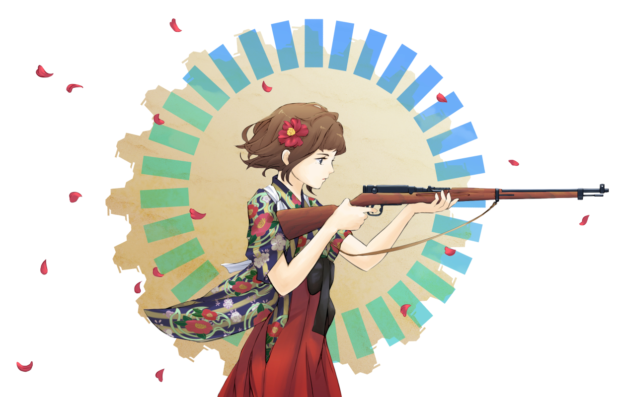 original, commentary request, 1girl, arisaka, bolt action, brown hair, falling petals, floral print, flower, gun, hair flower, hair ornament, holding, holding gun, holding weapon, mozu (112601jack), petals, rifle, short hair, solo, tasuki, weapon, wide sleeves