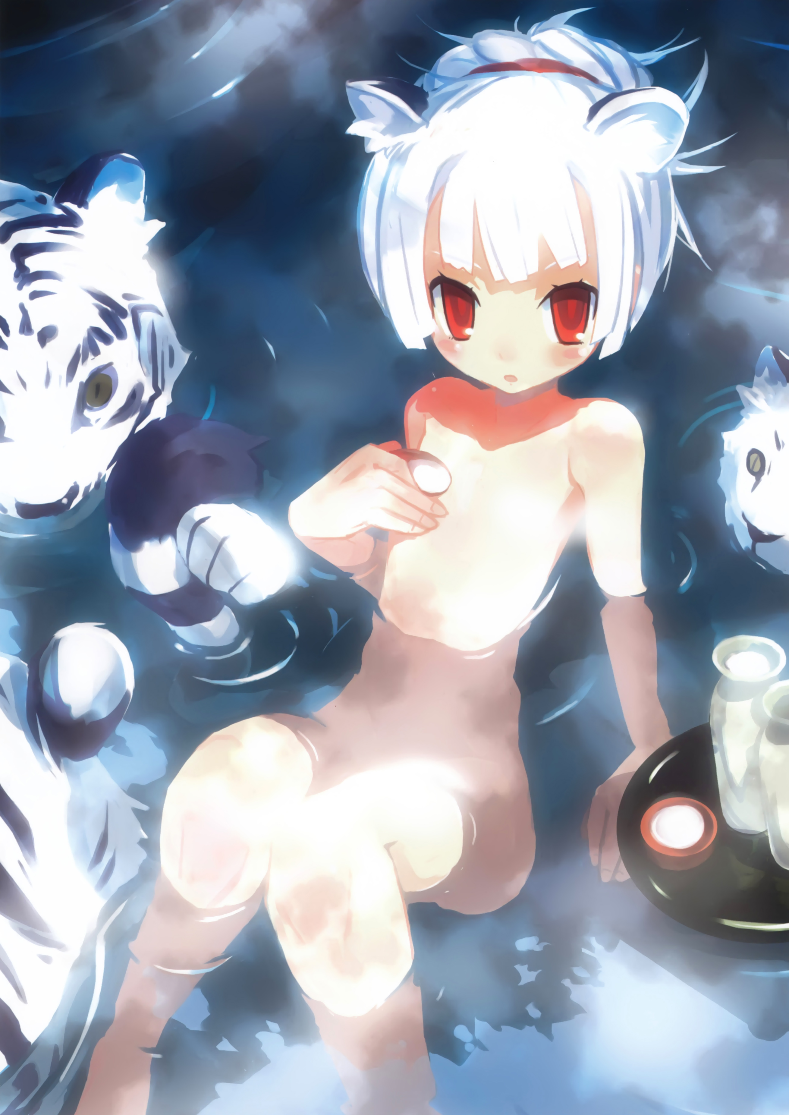 harada takehito, original, absurdres, highres, 1girl, alcohol, animal ears, bath, bathing, blush, cat ears, cup, female focus, flat chest, looking up, nude, onsen, partially submerged, ponytail, red eyes, sakazuki, sake, short hair, sitting, solo, tiger, tiger ears, tokkuri, water, wet, white hair, white tiger