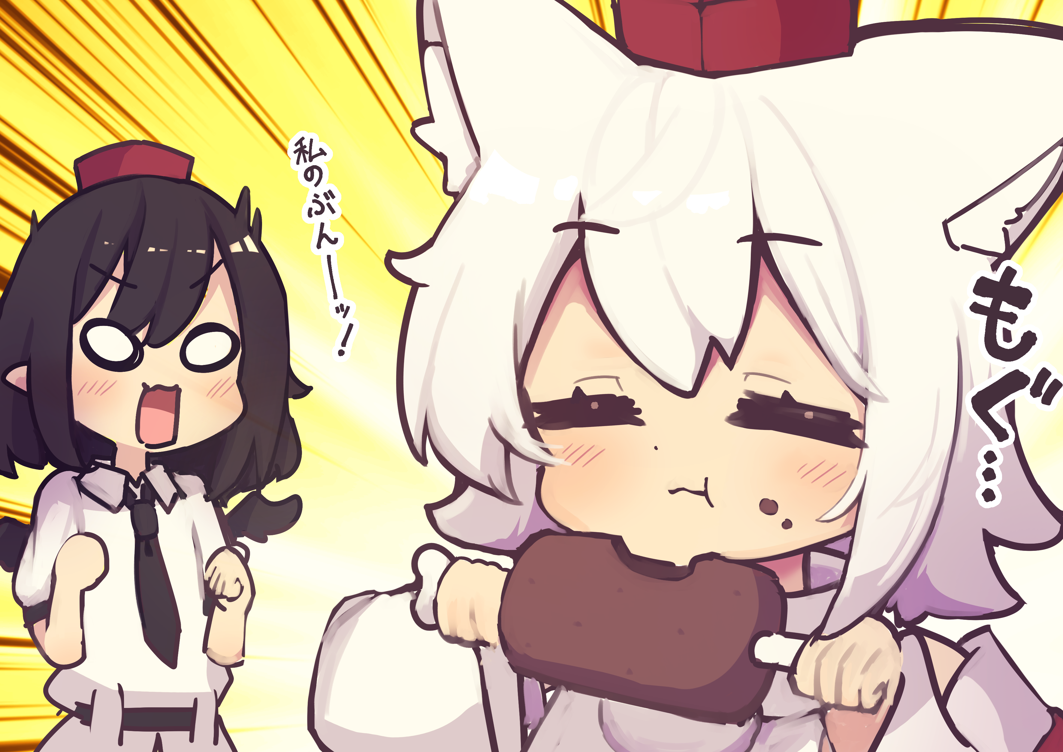 saisoku no yukkuri, inubashiri momiji, shameimaru aya, touhou, absurdres, commentary request, highres, 2girls, = =, animal ear fluff, animal ears, belt, black belt, black hair, black necktie, black trim, boned meat, chibi, clenched hands, closed eyes, closed mouth, detached sleeves, double-parted bangs, eating, emphasis lines, food, food on face, gradient background, hat, light blush, long sleeves, meat, medium hair, multiple girls, necktie, o o, open mouth, pointy ears, pom pom (clothes), puffy cheeks, puffy short sleeves, puffy sleeves, red hat, shirt, short hair, short sleeves, swept bangs, tokin hat, upper body, v-shaped eyebrows, white background, white hair, white shirt, wolf ears, wolf girl, yellow background