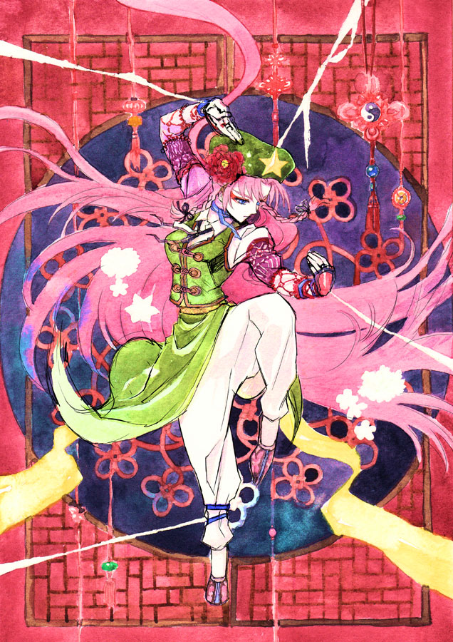 amano miyabi, hong meiling, touhou, 1girl, blunt bangs, chinese clothes, dress, female focus, fighting stance, green dress, leg up, long hair, long sleeves, red eyes, solo, standing, standing on one leg, star (symbol), very long hair