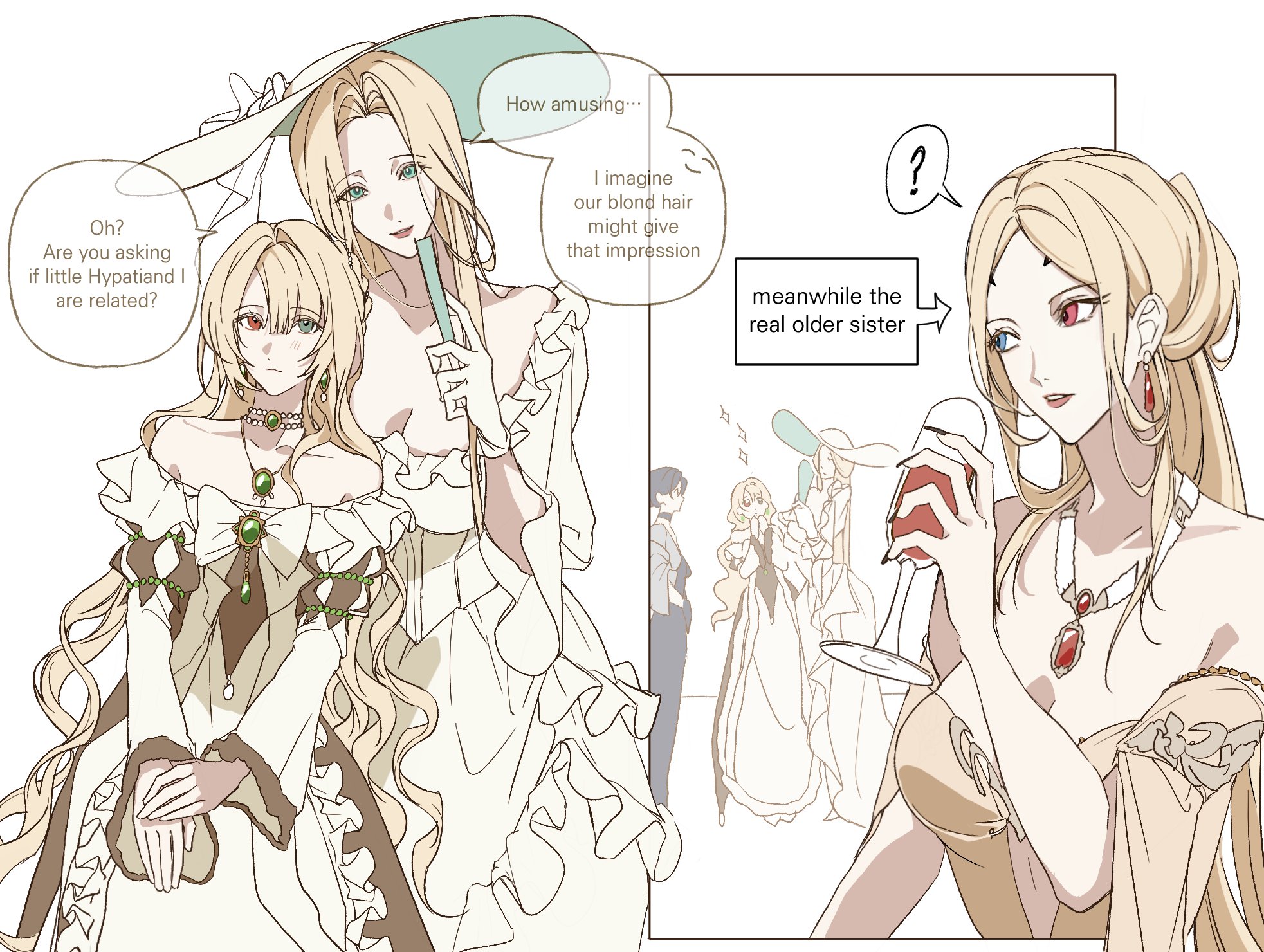 oldsprout1108, eirene (path to nowhere), hypatia (path to nowhere), margaret (path to nowhere), path to nowhere, highres, 4girls, ?, blonde hair, cup, dress, english text, gloves, hand up, hat, heterochromia, holding, holding cup, jewelry, multiple girls, official alternate costume, official alternate hairstyle, speech bubble, strapless, strapless dress, white background