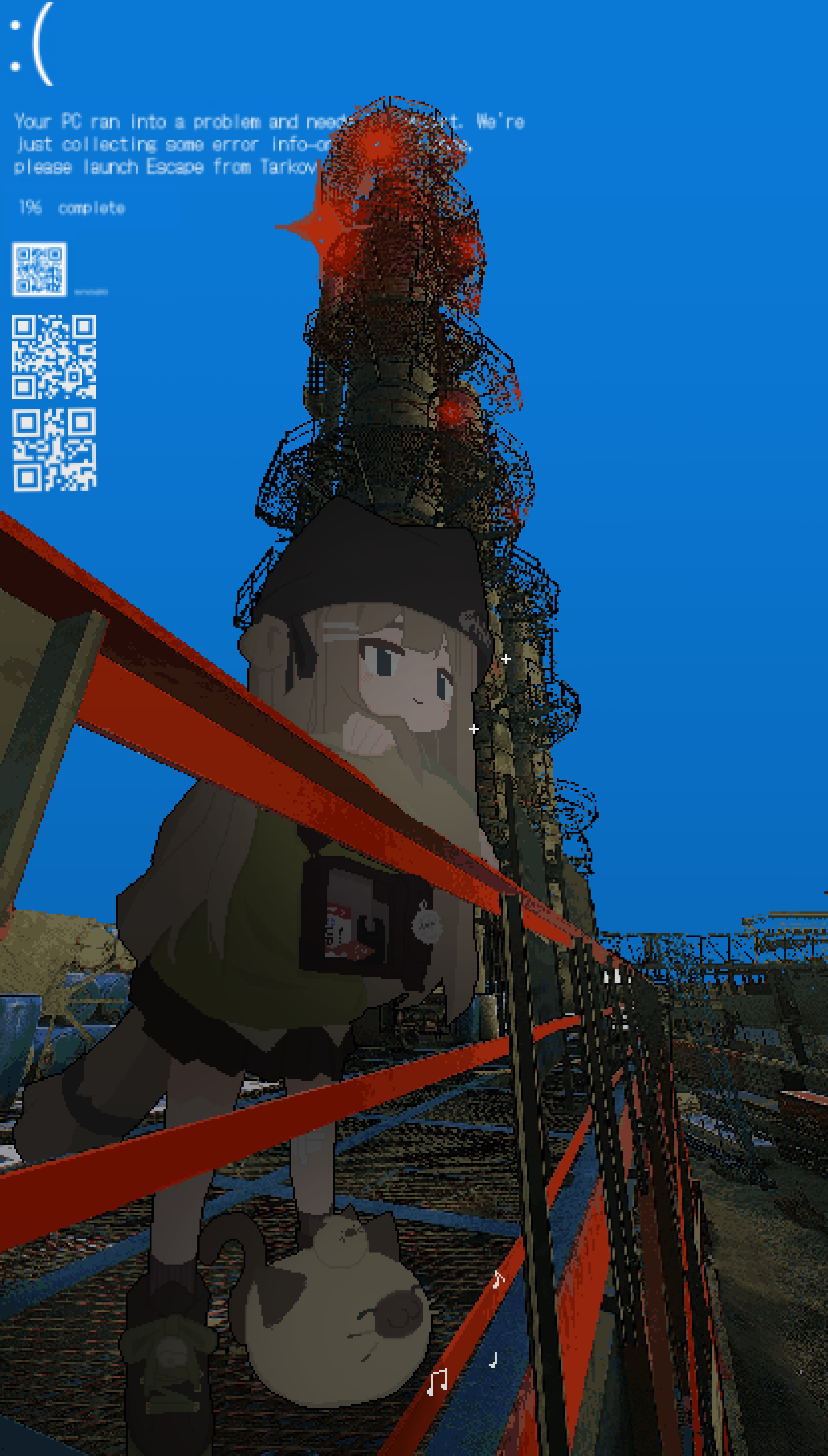 hayasabro, kipfel (vrchat), escape from tarkov, vrchat, absurdres, commentary request, highres, 1girl, against railing, beanie, black hat, black skirt, blue screen of death, blue sky, boots, cat, catwalk (walkway), closed mouth, crossed arms, day, foreshortening, from side, full body, game screenshot background, green sweater vest, hat, jaggy lines, looking ahead, musical note, outdoors, qr code, railing, screenshot background, skirt, sky, smile, smokestack, solo, standing, sweater vest, tail