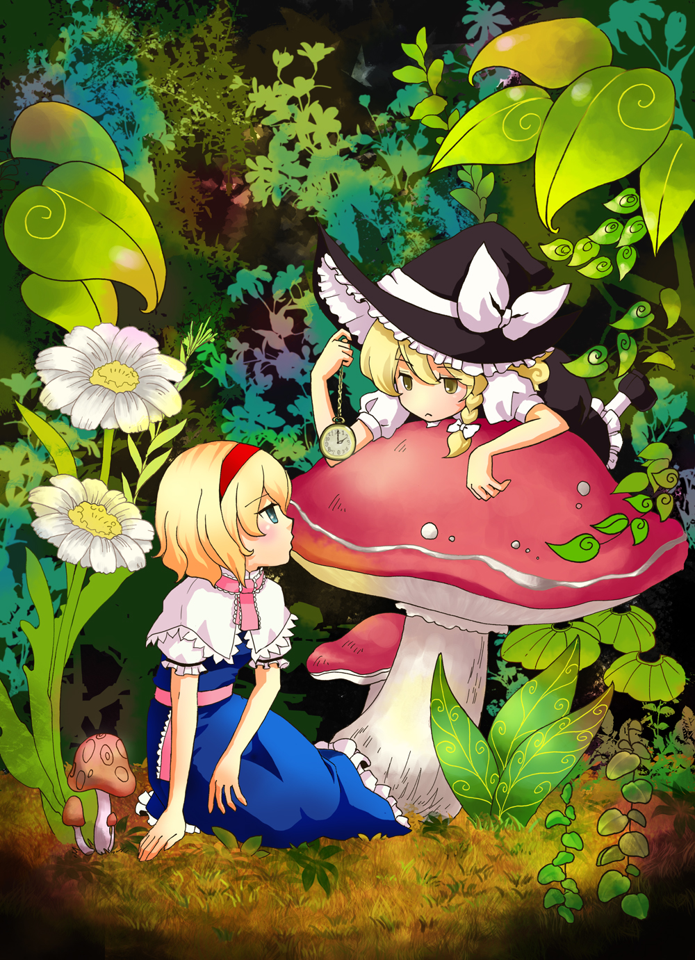 kawasemi (pocorit), pidchin, alice margatroid, kirisame marisa, touhou, highres, 2girls, blonde hair, clock, female focus, flower, lying on mushroom, mini person, minigirl, multiple girls, mushroom, nature, on mushroom, pocket watch, watch