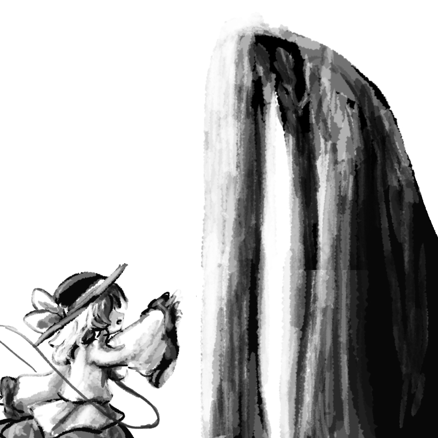 heripantomorrow, komeiji koishi, touhou, commentary request, 1girl, buttons, diamond button, greyscale, hand up, hat, hat ribbon, long hair, looking at viewer, monochrome, parted lips, ribbon, shirt, simple background, skirt, solo, third eye, upper body, white background, wide sleeves