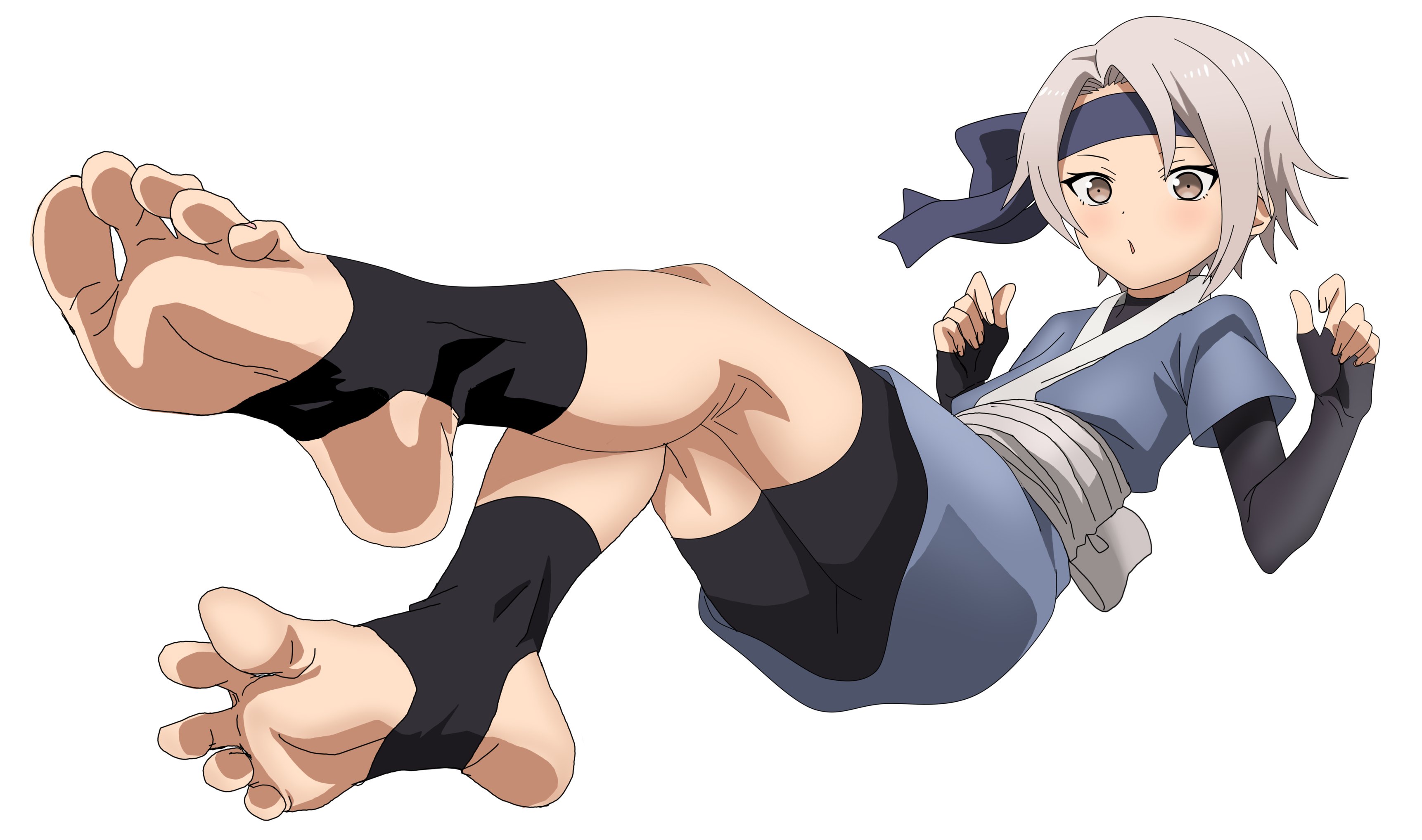 riokasen, higiri (kunoichi tsubaki no mune no uchi), kunoichi tsubaki no mune no uchi, absurdres, commentary request, highres, 1girl, arms up, black unitard, blue headband, blue kimono, blush, dot nose, feet, fingerless gloves, floating, foot focus, from below, gloves, grey eyes, grey hair, headband, japanese clothes, kimono, kneepits, leaning back, ninja, obi, open mouth, sash, short hair, short kimono, soles, solo, spread toes, stirrup legwear, toeless legwear, toes, white background