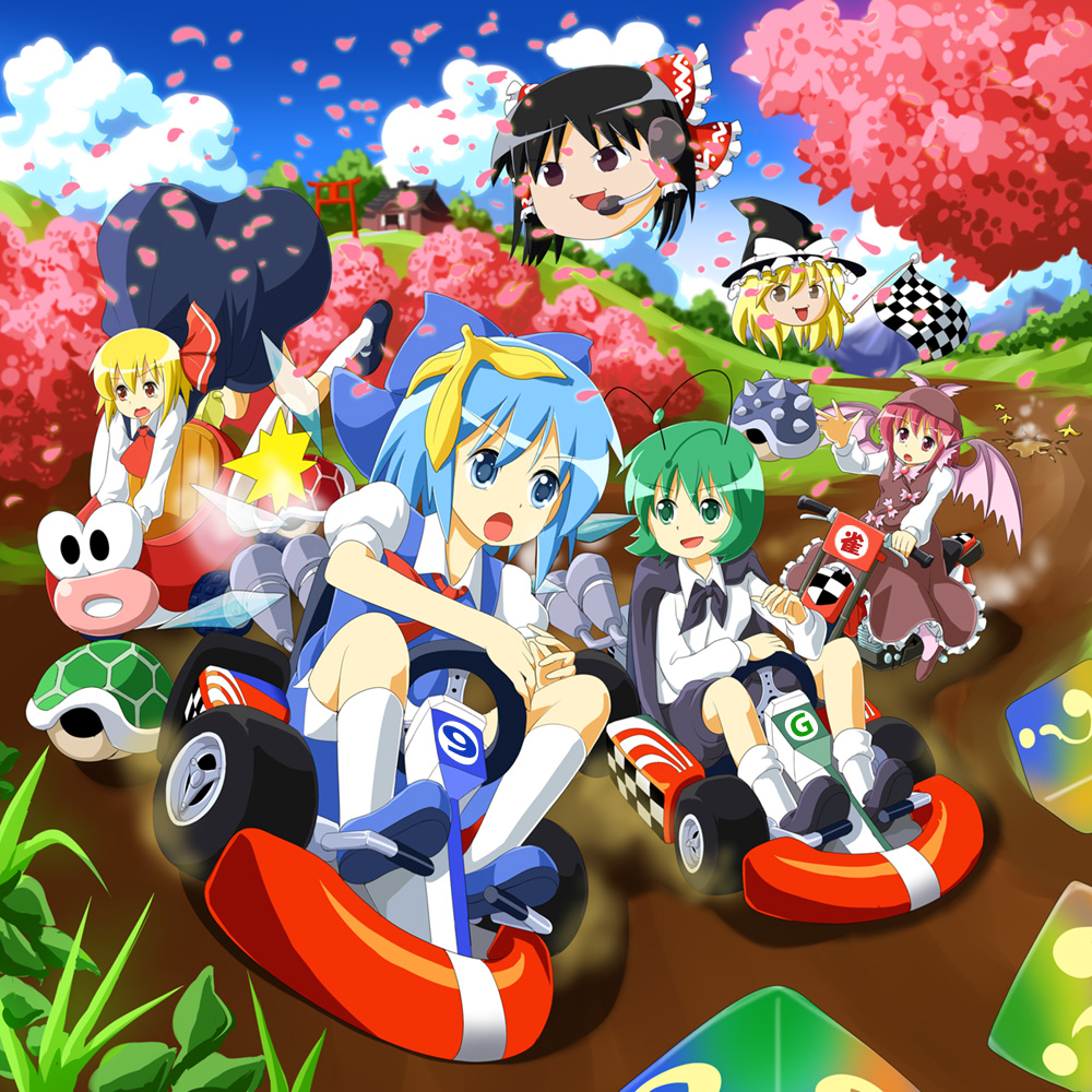 ruu (tksymkw), cirno, hakurei reimu, kirisame marisa, mystia lorelei, rumia, wriggle nightbug, mario (series), mario kart, mario kart wii, nintendo, touhou, >:d, >:o, 4girls, :d, :o, banana peel, blonde hair, checkered flag, cherry blossoms, circled 9, driving, flag, headset, item box (mario), kart, multiple girls, open mouth, outdoors, parody, red eyes, sky, smile, team 9 (touhou), v-shaped eyebrows, wavy mouth, yukkuri shiteitte ne