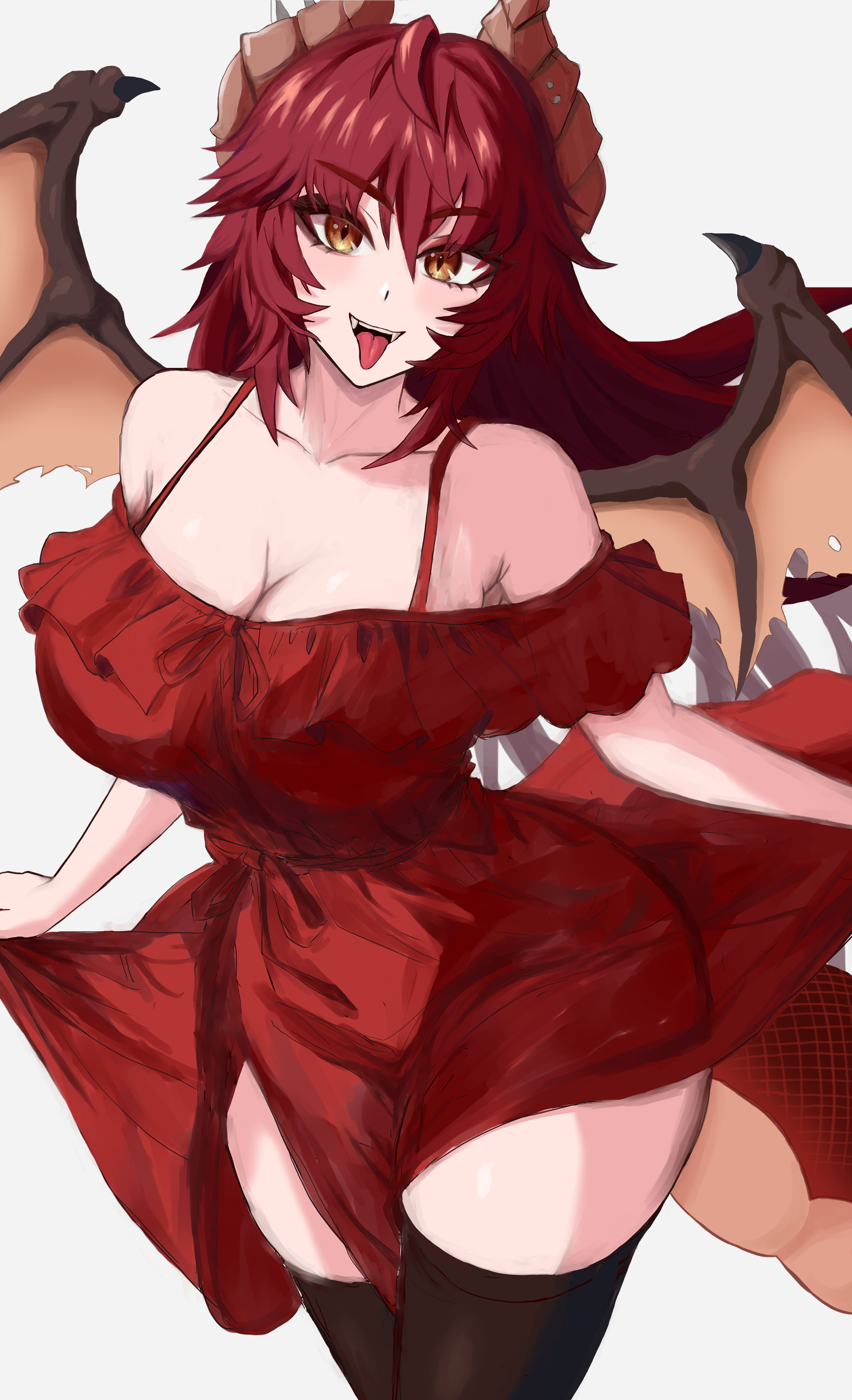 meibin, zentreya, zentreya (dragon), indie virtual youtuber, absurdres, commentary, english commentary, highres, 1girl, alternate costume, black thighhighs, breasts, cleavage, dragon girl, dragon horns, dragon tail, dress, fangs, horns, large breasts, looking at viewer, open mouth, red dress, red hair, smile, solo, tail, thighhighs, tongue, tongue out, virtual youtuber, white background, yellow eyes