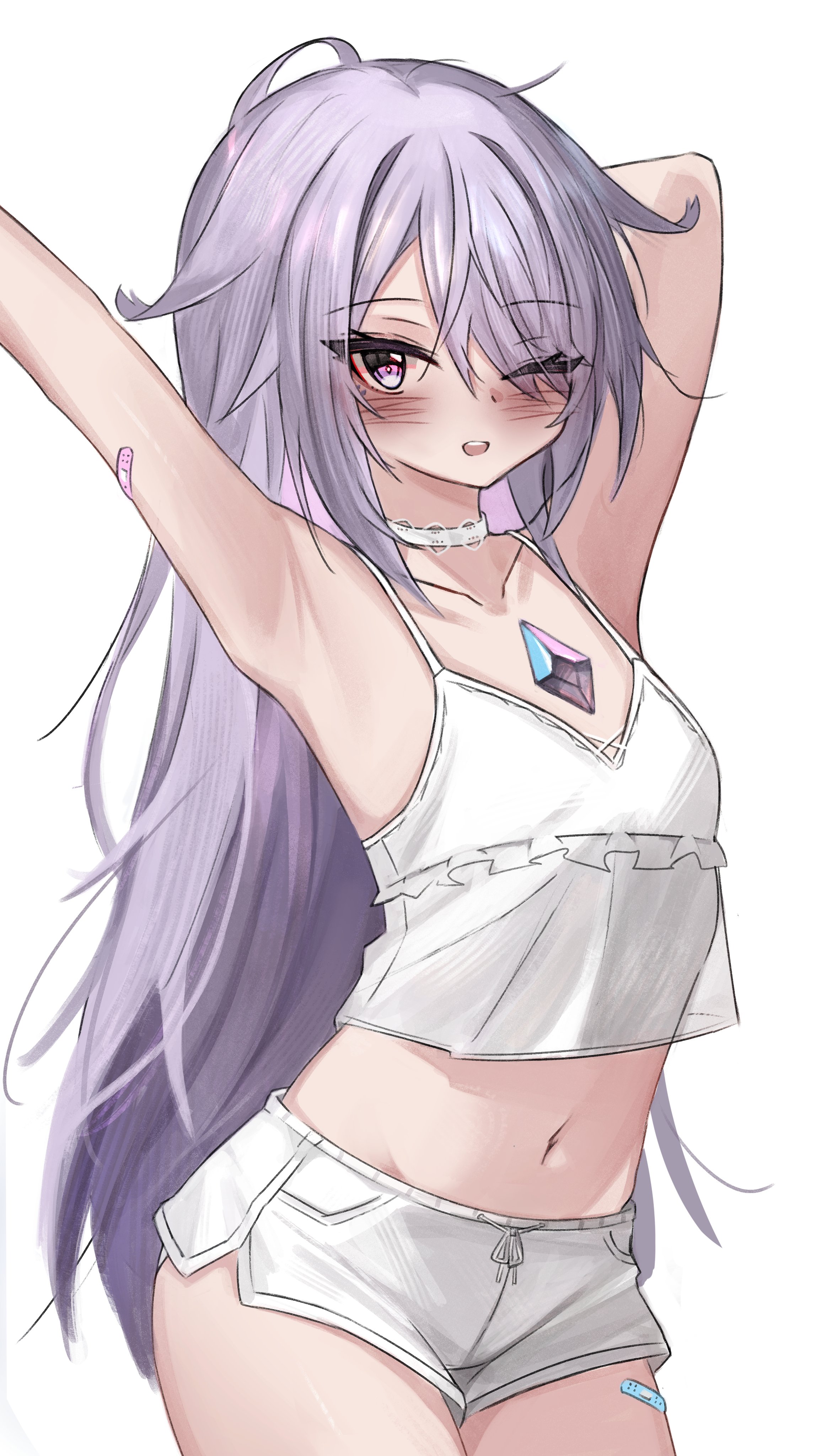 akarinnndesu, koseki bijou, hololive, hololive english, absurdres, hashtag-only commentary, highres, 1girl, arm up, armpits, bandaid, bandaid on arm, bandaid on thigh, blush, camisole, chest jewel, choker, cowboy shot, flat chest, gem, long hair, looking at viewer, midriff, multicolored gem, navel, one eye closed, open mouth, purple eyes, purple gem, purple hair, see-through clothes, see-through shirt, shirt, short shorts, shorts, simple background, solo, very long hair, virtual youtuber, white background, white camisole, white choker, white shorts