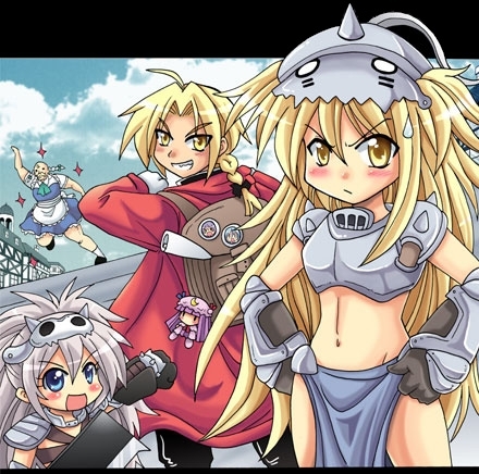 colonel aki, alex louis armstrong, alphonse elric, barry the chopper, edward elric, izayoi sakuya, patchouli knowledge, capcom, fullmetal alchemist, monster hunter (series), touhou, lowres, 2boys, 2girls, blonde hair, character doll, cosplay, crossdressing, doll, genderswap, genderswap (ftm), genderswap (mtf), izayoi sakuya (cosplay), long hair, multiple boys, multiple girls, parody, white hair