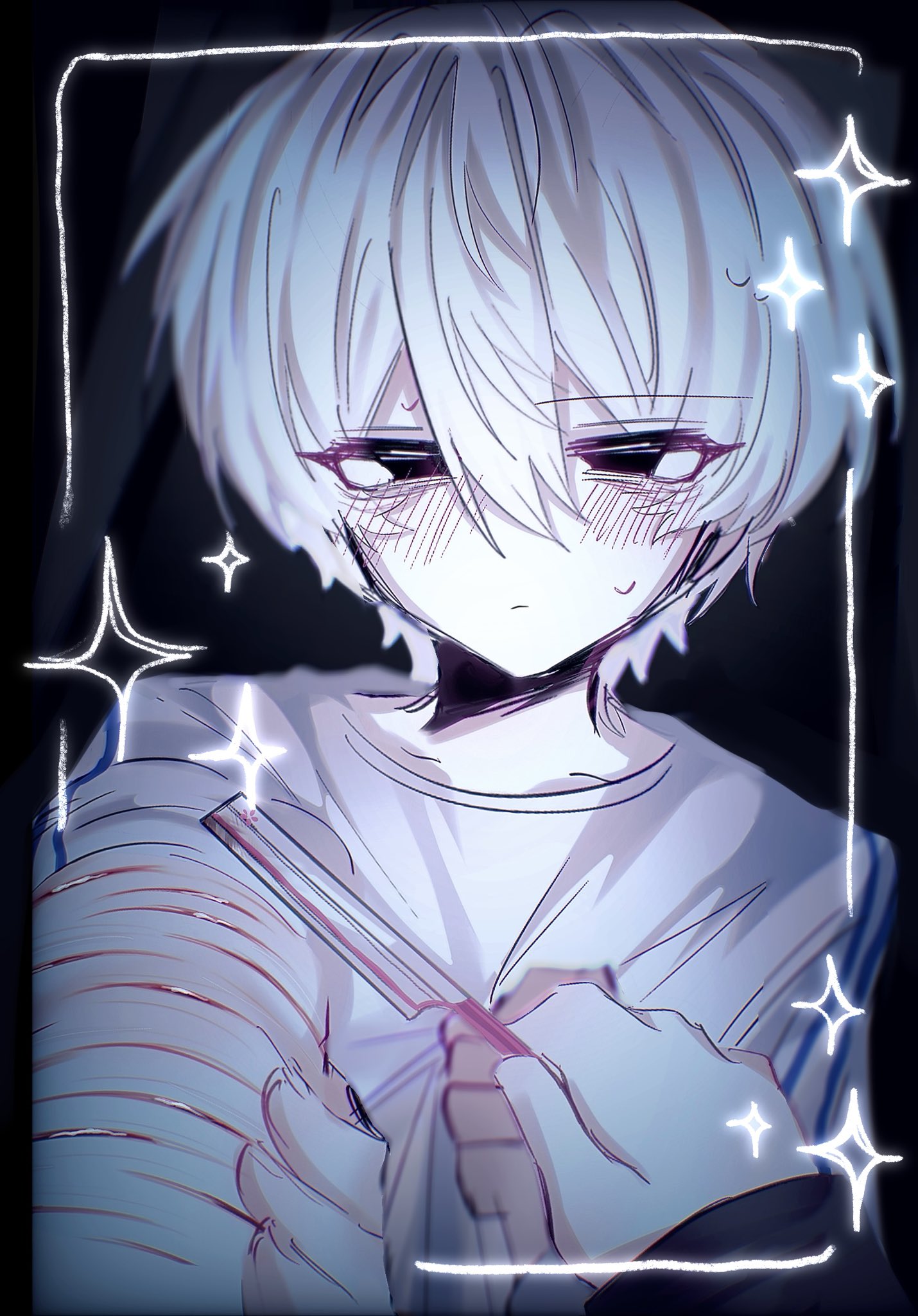 original, highres, 01 1 08, 1boy, blush, half-closed eyes, hand on own arm, holding razor blade, jitome, long sleeves, looking at viewer, male focus, outstretched arm, pov, pov hands, razor blade, shirt, short hair, sleeves rolled up, solo, white hair, white shirt, wrist cutting