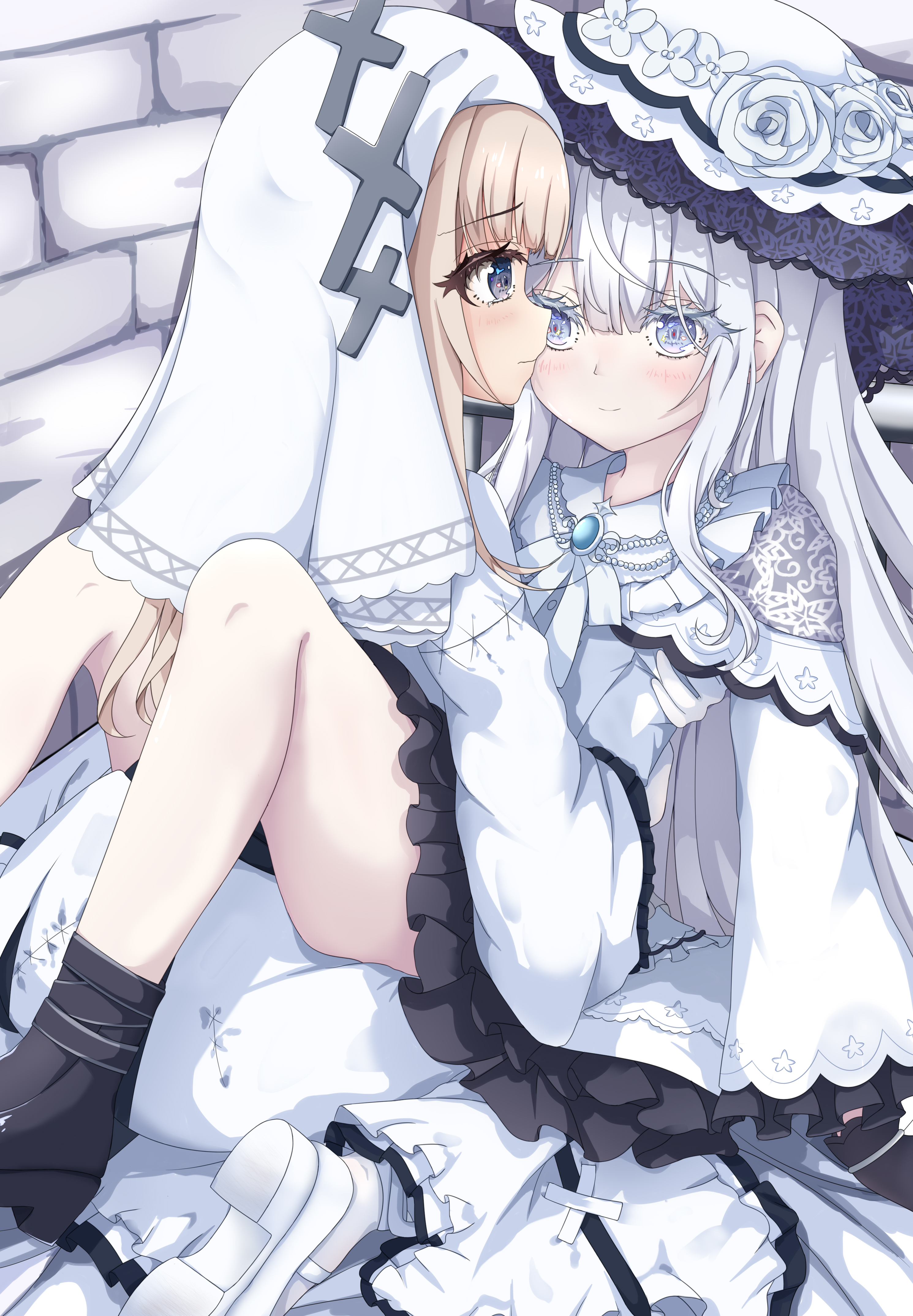 benetnasch, hikami meruru, tsukishiro yuki, mahou shoujo no majo saiban, absurdres, commentary request, highres, 2girls, blonde hair, blue eyes, grey hair, imminent death, long hair, multiple girls, priest, white hair, yuri