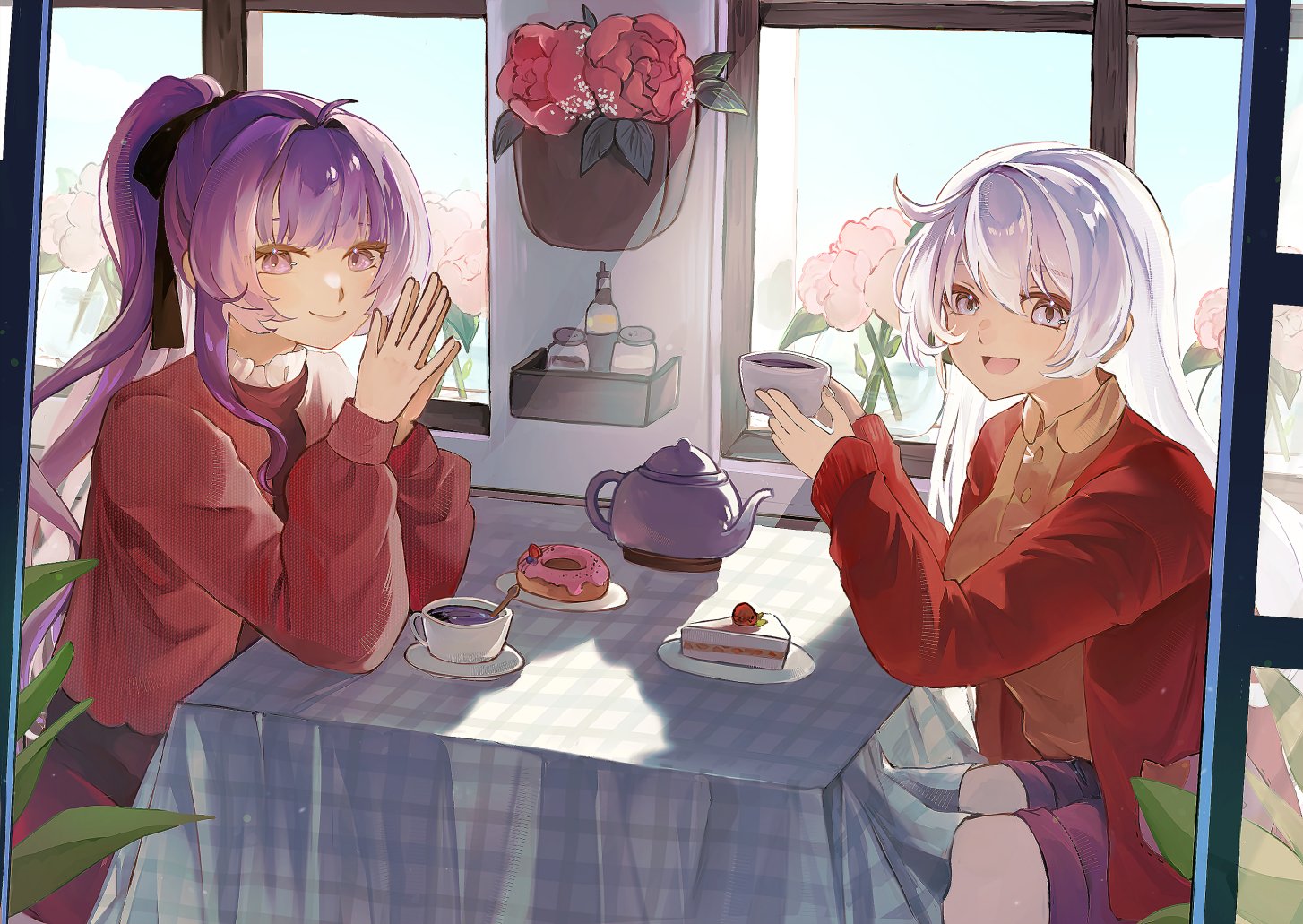mofumanju, kiana kaslana, raiden mei, honkai (series), honkai impact 3rd, commentary, symbol-only commentary, 2girls, black ribbon, blue eyes, brown shirt, cake, cake slice, cardigan, cup, donut, flower, food, hair ribbon, holding, holding cup, long hair, multiple girls, pink flower, ponytail, purple eyes, purple hair, red cardigan, red flower, red rose, red sweater, ribbon, rose, salt shaker, shirt, sitting, smile, sweater, table, tablecloth, teacup, teapot, white hair, window
