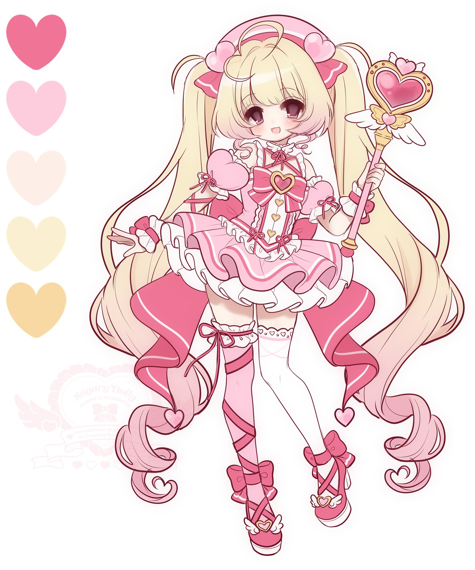 original, commentary, english commentary, highres, 1girl, blonde hair, dress, frilled dress, frills, gradient hair, hat, heart, holding, holding staff, long hair, mage staff, multicolored hair, puffy short sleeves, puffy sleeves, shoes, short sleeves, staff, sugarydolly, thighhighs, very long hair