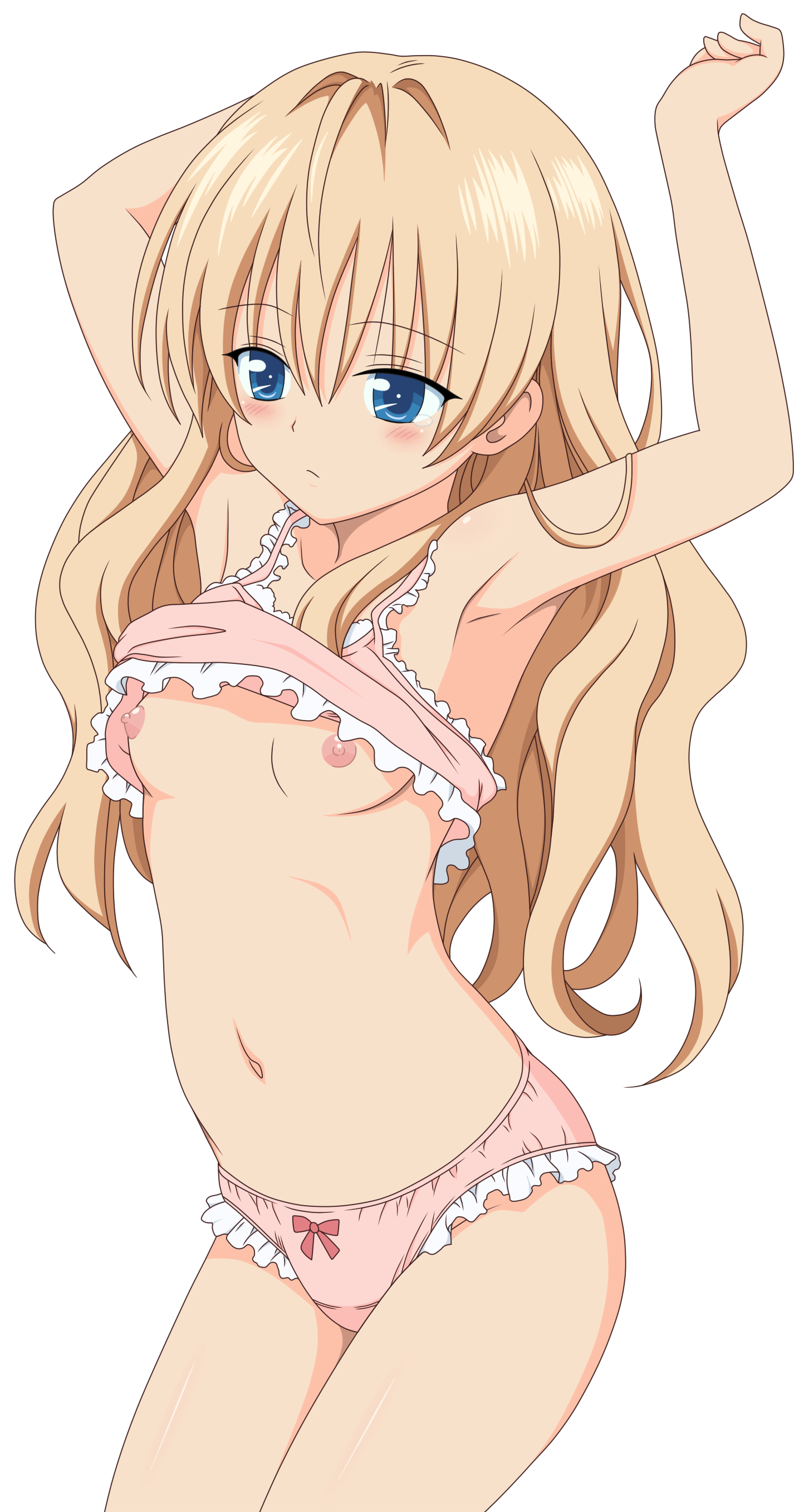 yabuki kentarou, umenomori chise, mayoi neko overrun!, absurdres, colorized, derivative work, highres, source request, vector trace, 1girl, armpits, arms up, blonde hair, blue eyes, blush, bra, breasts, clothes lift, female focus, flat chest, lingerie, long hair, navel, nipples, panties, shirt lift, solo, underwear, underwear only