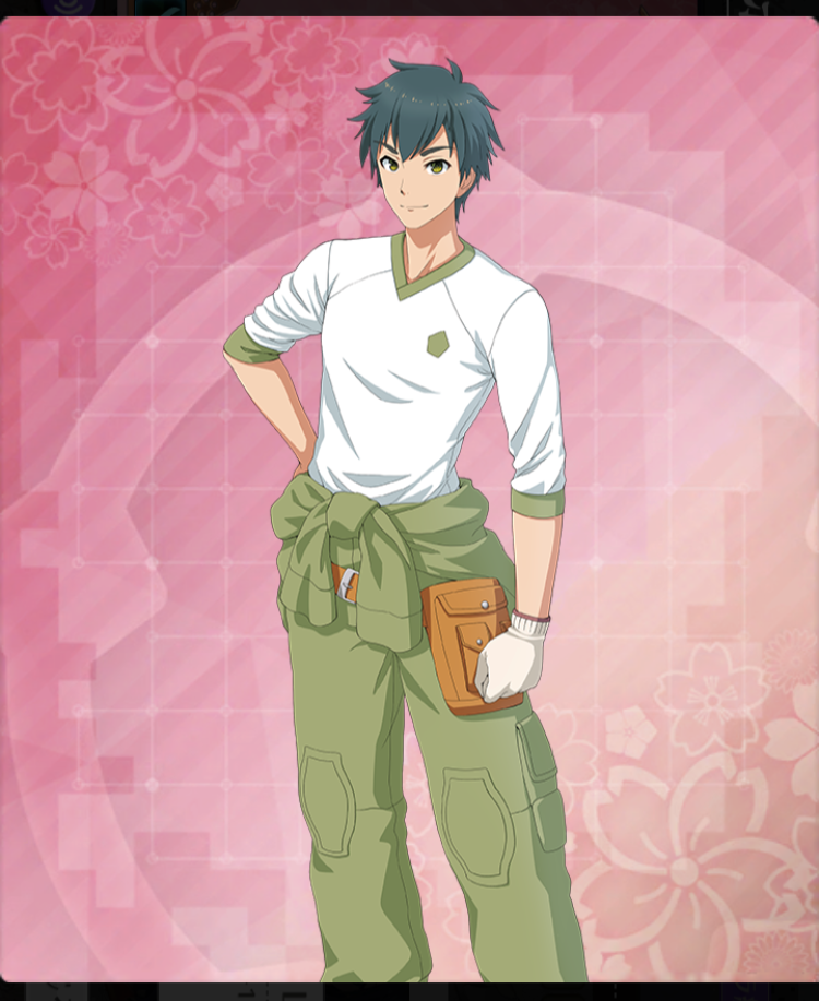 toji no miko, toji no miko: kizamishi issen no tomoshibi, game cg, official art, third-party source, 1boy, belt, brown belt, brown gloves, clenched hand, closed mouth, contrapposto, double-parted bangs, feet out of frame, floral background, gloves, green eyes, green hair, green pants, hand on own hip, hattori tatsuo, looking at viewer, male focus, pants, pink background, pouch, shirt, short hair, smile, solo, t-shirt, white shirt, work gloves