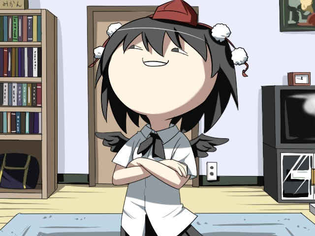 pageratta, kimeemaru, shameimaru aya, touhou, jpeg artifacts, 1girl, black hair, female focus, hat, solo, television, tokin hat, troll face, wings, yukkuri shiteitte ne