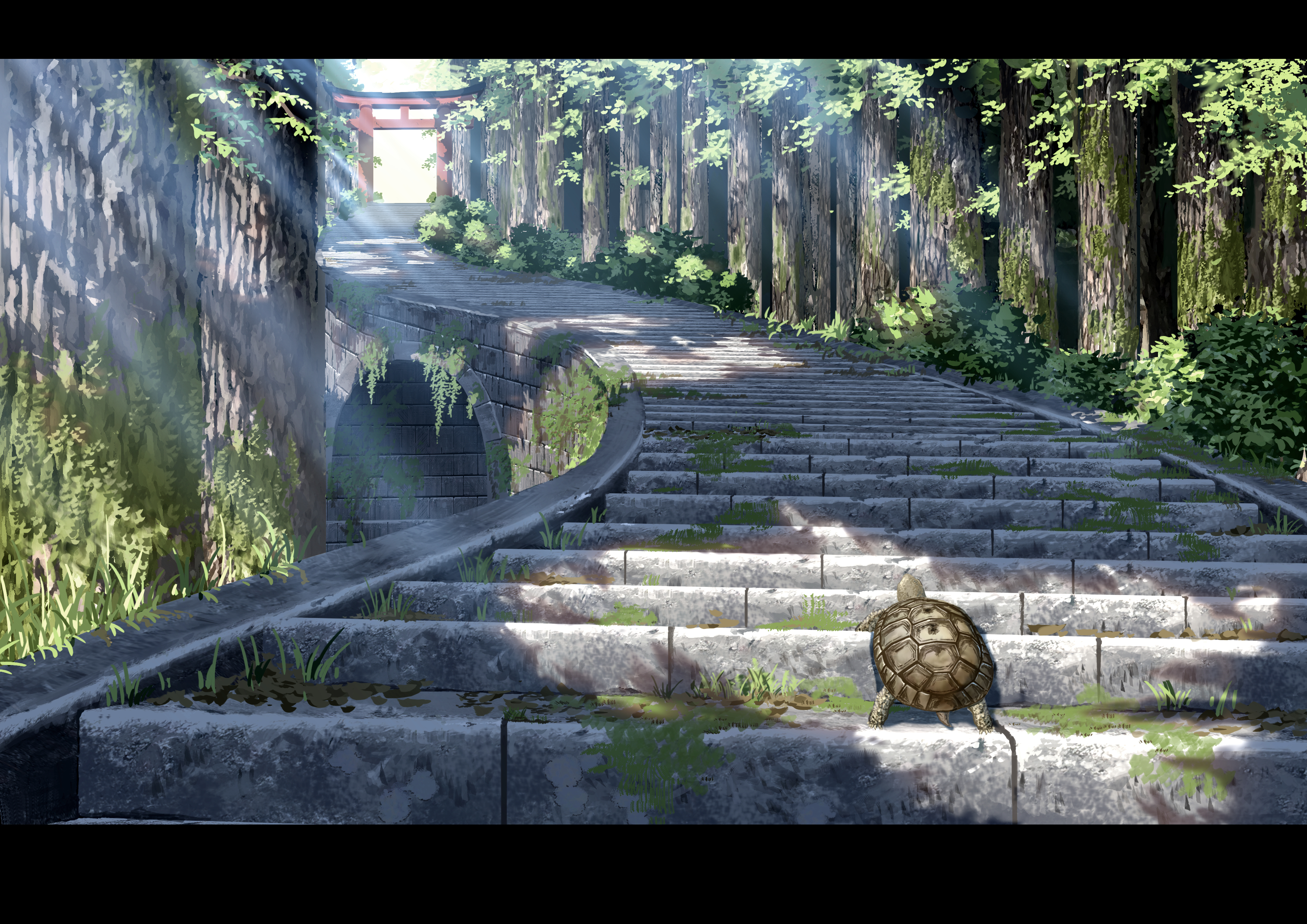 sumassha t t, original, absurdres, commentary request, highres, animal, animal focus, bush, day, letterboxed, light rays, moss, no humans, outdoors, scenery, stairs, torii, tortoise, tree, turtle