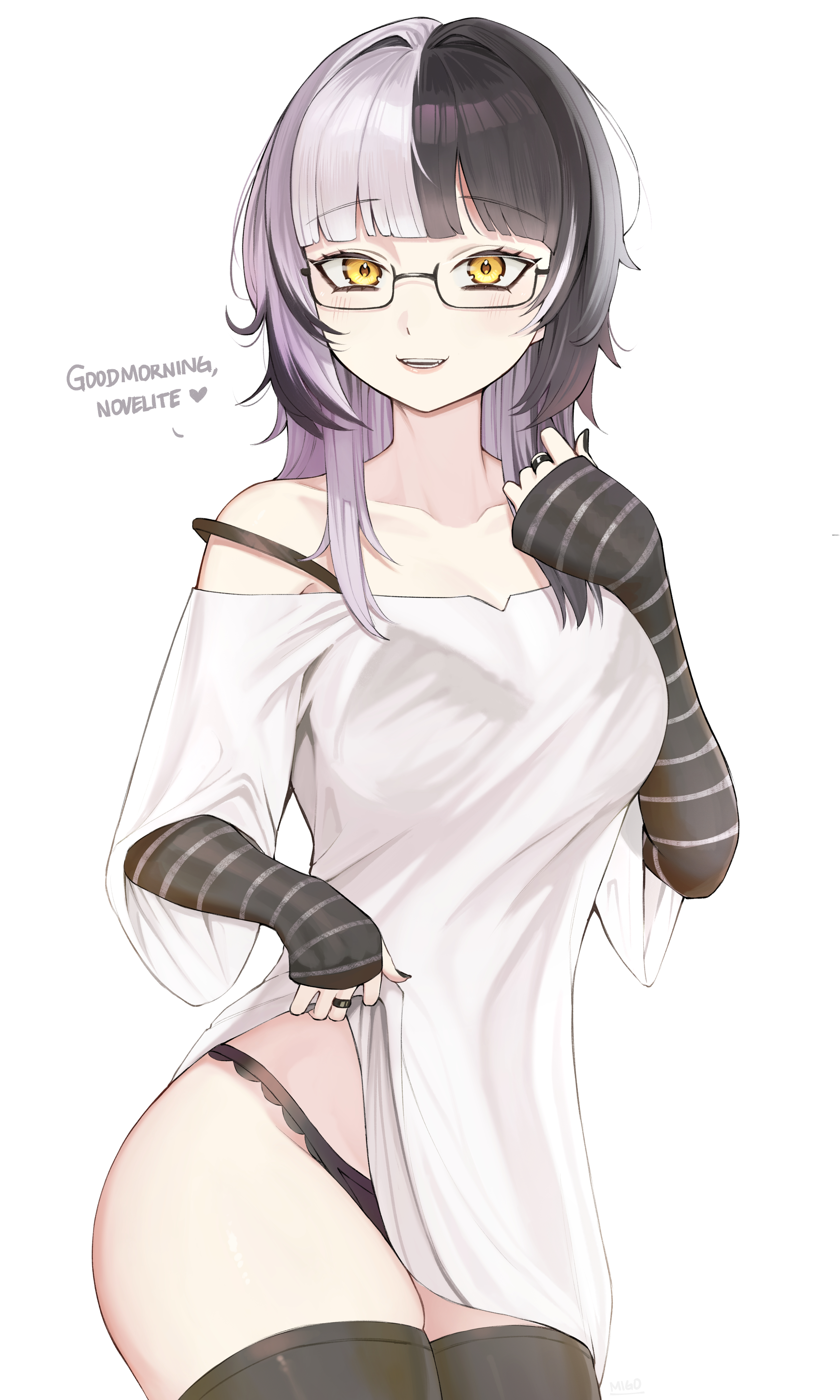 migokami, shiori novella, hololive, hololive english, absurdres, commentary, english commentary, highres, 1girl, arm warmers, black arm warmers, black bra, black hair, black nails, black pantyhose, black thighhighs, blunt bangs, bra, breasts, clothes lift, cowboy shot, english text, grey hair, hand up, large breasts, long hair, long shirt, looking at viewer, multicolored hair, nail polish, off-shoulder shirt, off shoulder, pantyhose, see-through cleavage, see-through clothes, see-through shirt, shirt, shirt lift, sidelocks, simple background, solo, split-color hair, thighhighs, three-quarter sleeves, two-tone hair, underwear, virtual youtuber, white background, white shirt, yellow eyes