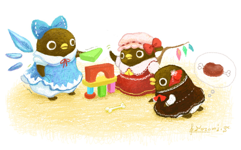 shibuzoh, cirno, flandre scarlet, rumia, embodiment of scarlet devil, touhou, animal, animalization, artist name, bird, black eyes, blonde hair, blue bow, bone, boned meat, bow, clothed animal, crystal, demon wings, detached wings, dress, food, full body, hair bow, hat, hat bow, ice, ice wings, long sleeves, meat, mob cap, motion lines, no humans, penguin, pink hat, puffy short sleeves, puffy sleeves, red bow, red dress, red eyes, red ribbon, ribbon, short sleeves, speech bubble, standing, thought bubble, treble clef, wings