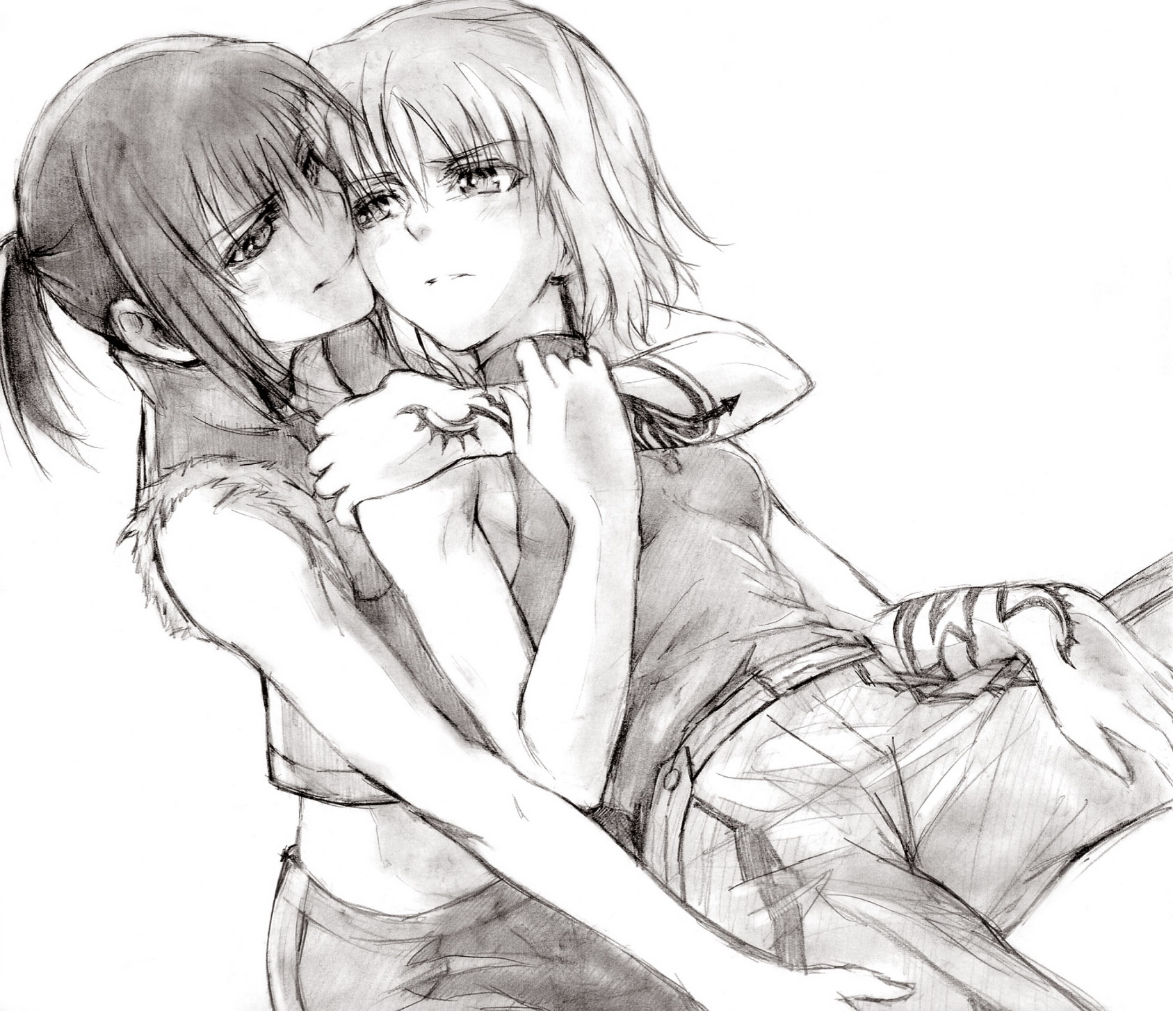 kisetsu, alphard (canaan), canaan (character), 428, 428: fuusa sareta shibuya de, canaan (series), chunsoft, bad id, bad pixiv id, highres, traditional media, 2girls, greyscale, hug, hug from behind, monochrome, multiple girls, sketch, tattoo, yuri