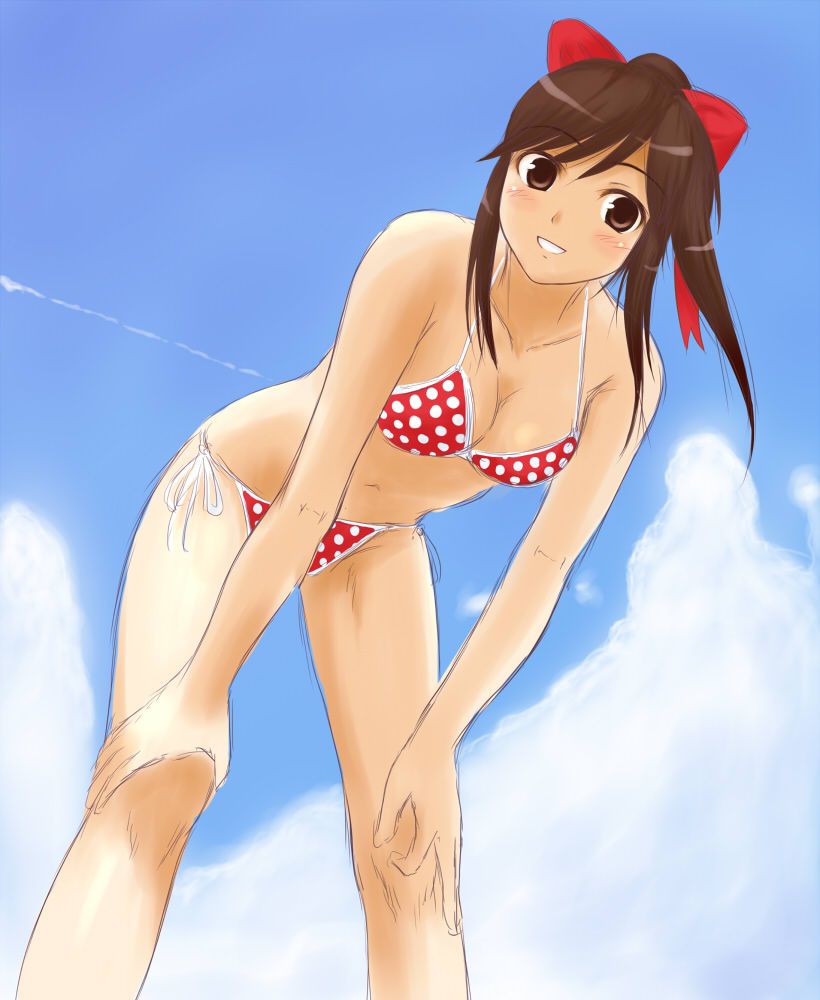 kusaka maichi, takane manaka, love plus, 1girl, bent over, bikini, brown eyes, brown hair, female focus, long hair, polka dot, polka dot bikini, polka dot swimsuit, ponytail, sky, solo, swimsuit