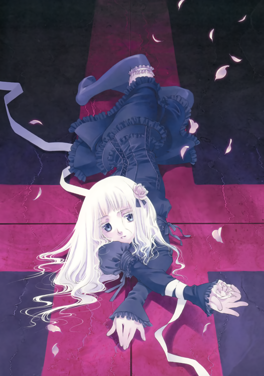 shiina yuu, 1girl, bandages, black dress, cross, dress, female focus, flower, foreshortening, frills, full body, goth fashion, gothic lolita, grey eyes, hair flower, hair ornament, inverted cross, lolita fashion, long hair, lying, petals, solo, thighhighs, white hair, zettai ryouiki