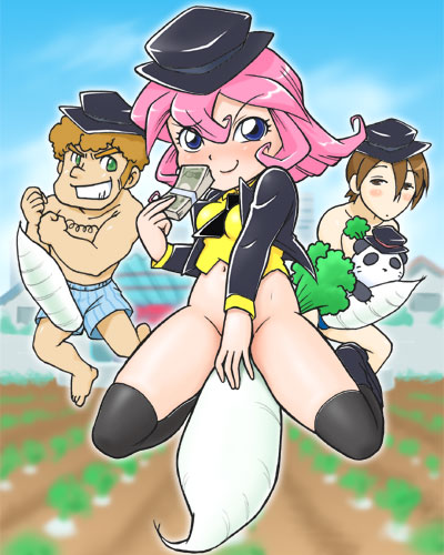 hideki, ichiro, mako (nerima daikon brothers), pandaikon, nerima daikon brothers, lowres, 00s, cousins, pink hair