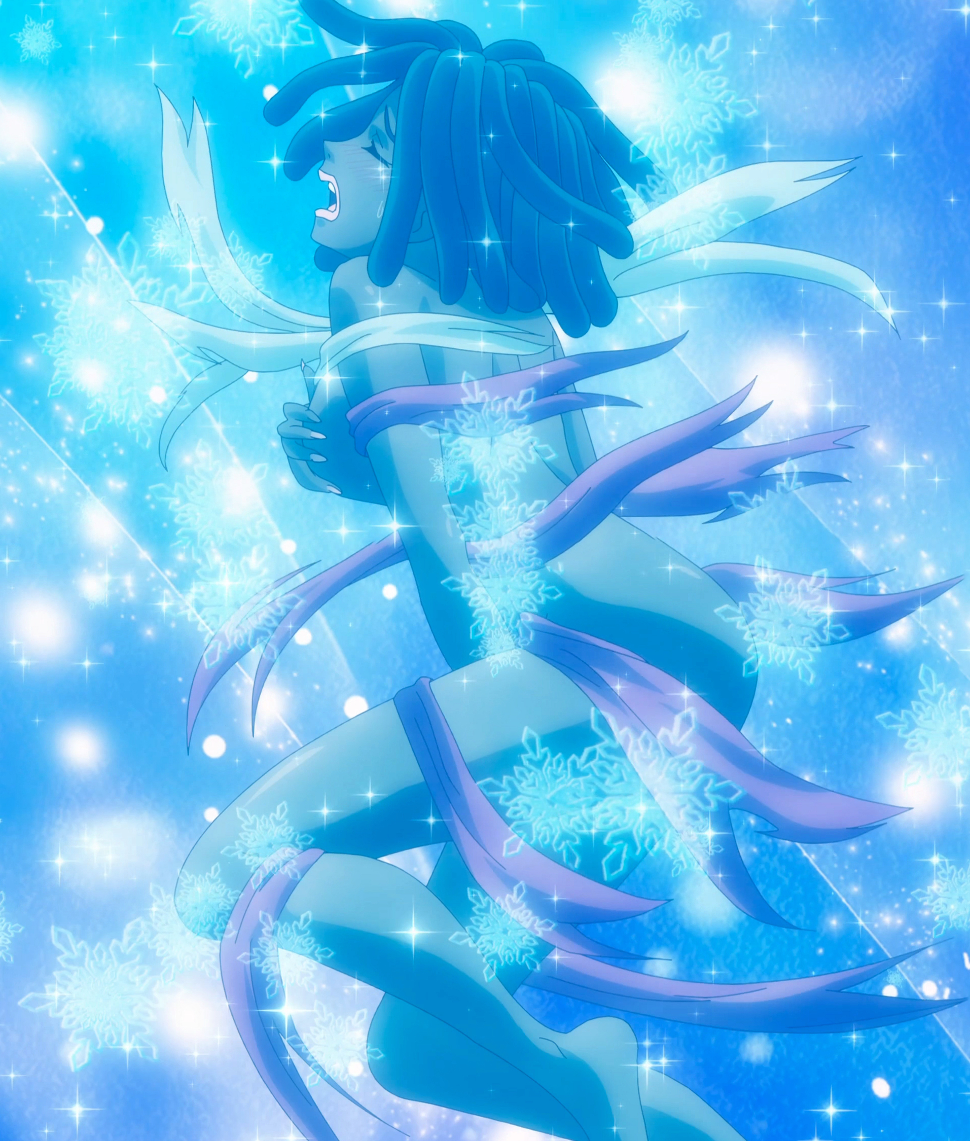 dynamis (shokugeki no souma), shokugeki no souma, anime screenshot, highres, stitched, third-party edit, 1girl, ass, blue background, breasts, brown hair, closed eyes, completely nude, covering breasts, covering privates, dark-skinned female, dark skin, dreadlocks, female focus, from side, medium breasts, naked ribbon, nude, open mouth, profile, red ribbon, ribbon, snowflake background, snowflakes, solo, sparkle, white ribbon