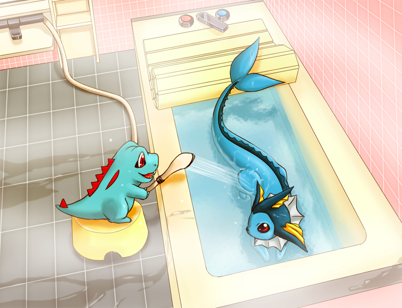 josei (artist), totodile, vaporeon, nintendo, pokemon, pokemon gsc, pokemon rgby, bad id, bad pixiv id, 1990s (style), bath, bathroom, fangs, fins, gen 1 pokemon, gen 2 pokemon, head fins, no humans, pastel colors, pokemon (creature), retro artstyle, roomscape, shower head, showering, steam, wading, water, wet